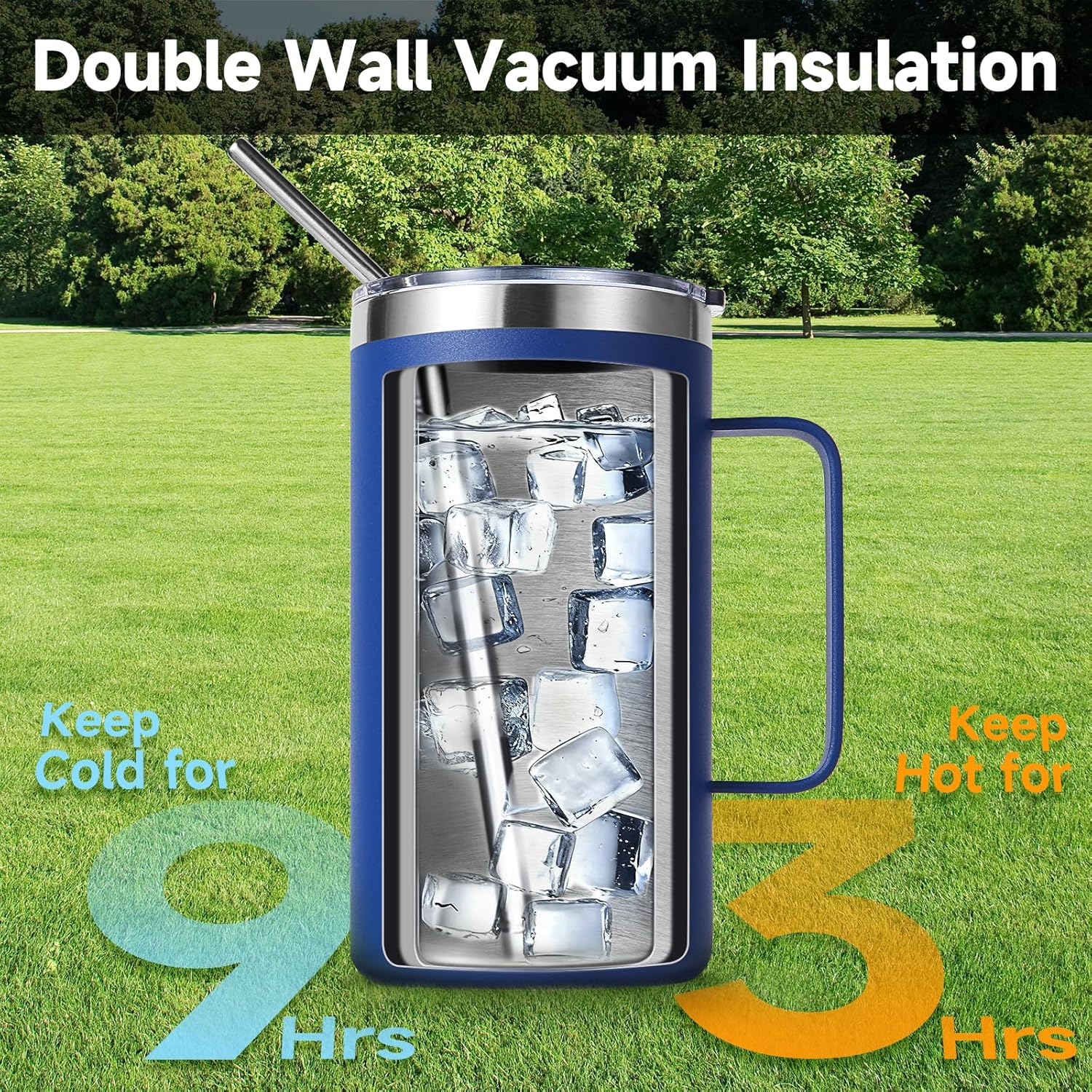 Volhoply 24oz Insulated Coffee Mug with Lid and Straw, Stainless Steel Travel Mugs with Handle, Double Wall Vacuum Leak Proof Coffee Tumbler Cup (Blue,1) - Image 5