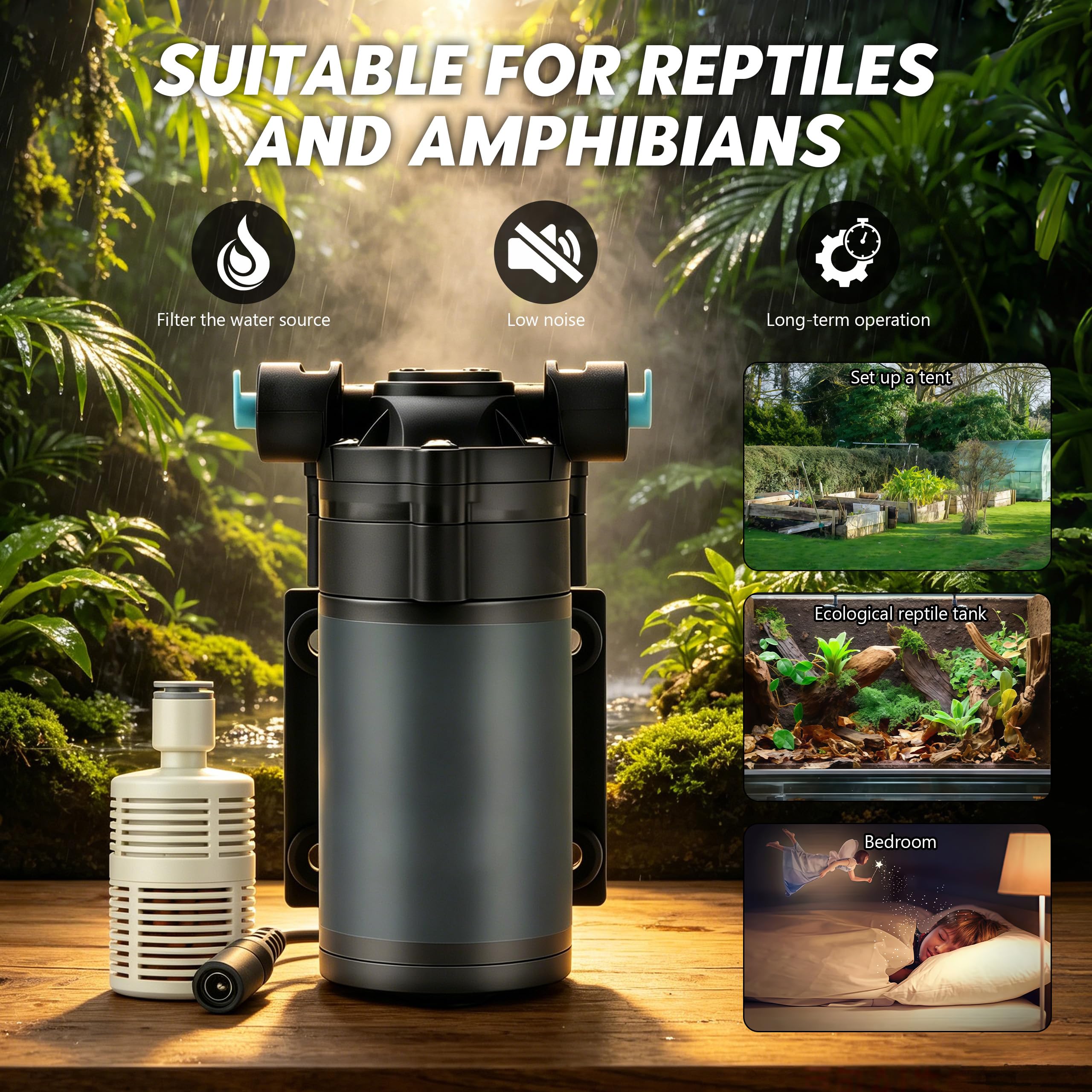 Wasser nebel sprüher, Micro-Düsen Sprühnebel für Terrarium & Vivarium, Leiser Pumpenmotor, 12h Dauerbetrieb, 5m Schlauch & Zubehör
