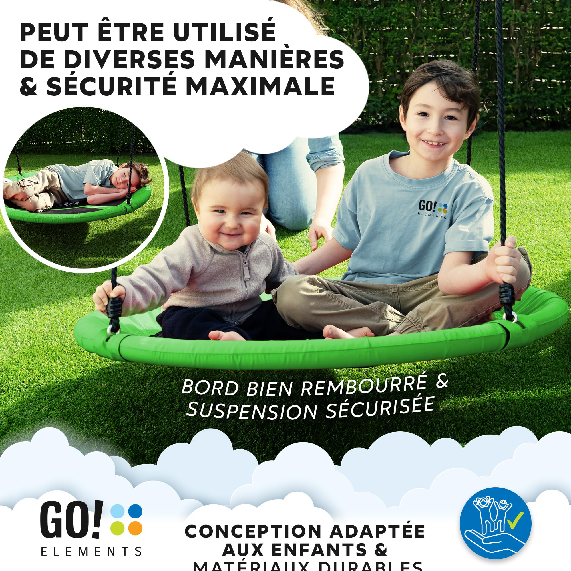 GO!elements Balancoire nid d'oiseau | balancoire nid d Oiseaux Exterieur | Réglable en Hauteur pour Enfants & Adultes (balançoire familiale) jusqu'à 150 kg de capacité | Taille : ø 80 cm, Coul: Vert