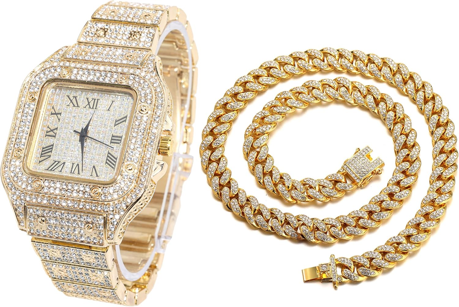 Halukakah Reloj de oro con diamantes para hombre, chapado en oro de 18 quilates, oro rosa, oro rodio, negro platino chapado en oro blanco de 1.575in