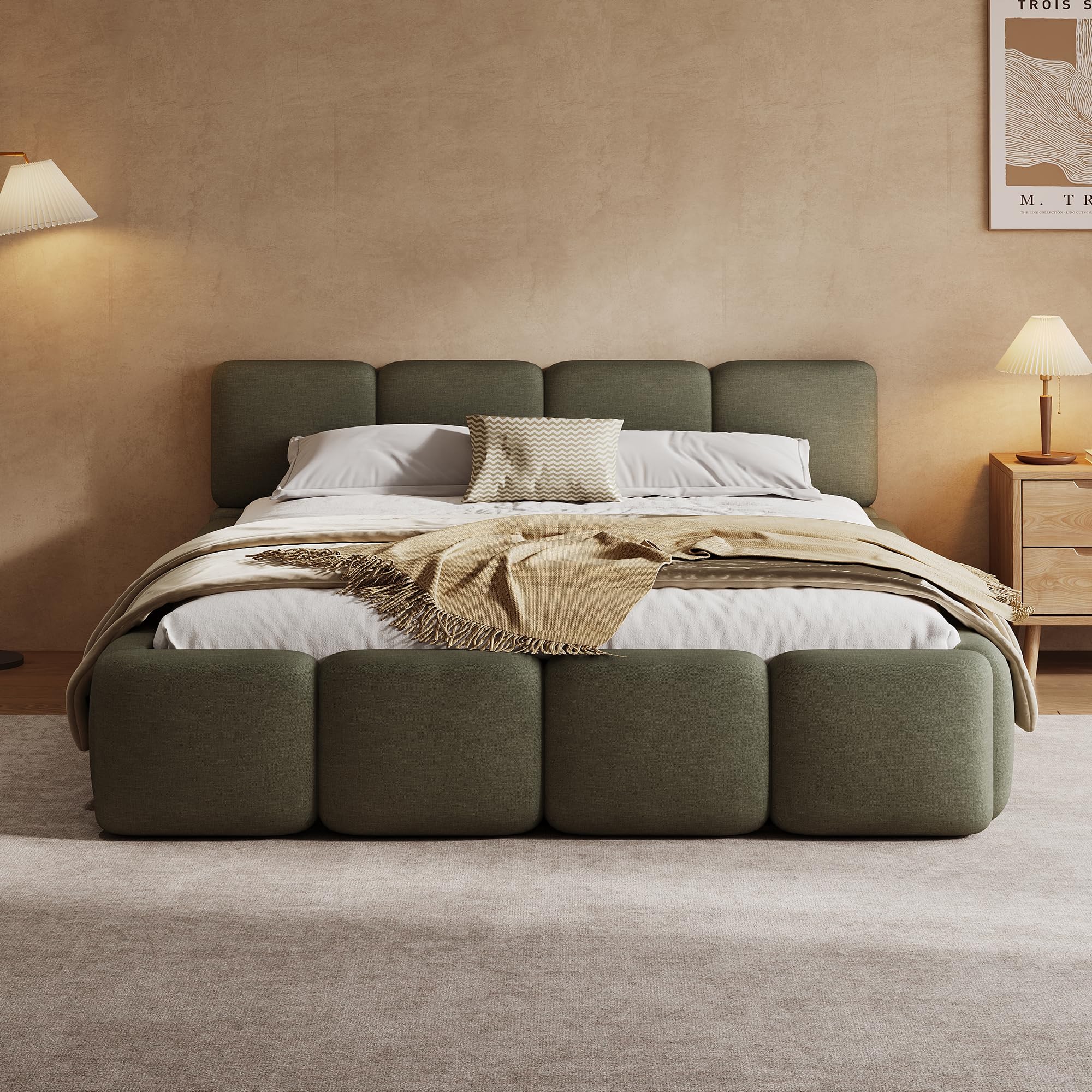 Merax Queen Size Boucle Platform Bed with Thick Headboard and Footboard, Block Style Upholstery Grounded Bed Frame, Green