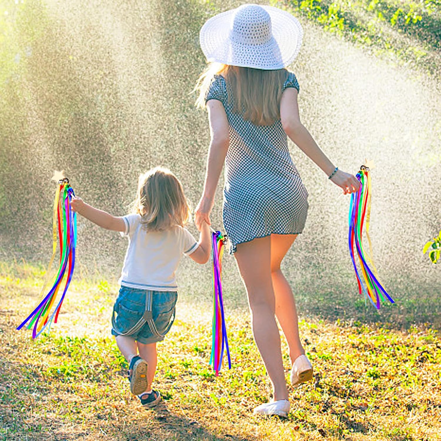 Rainbow Color Hand Ribbon Kite, Ribbon Bells Wind Wand Dancing Ribbon Streamer for Kids Toddler Gifts Shower Birthday, RED