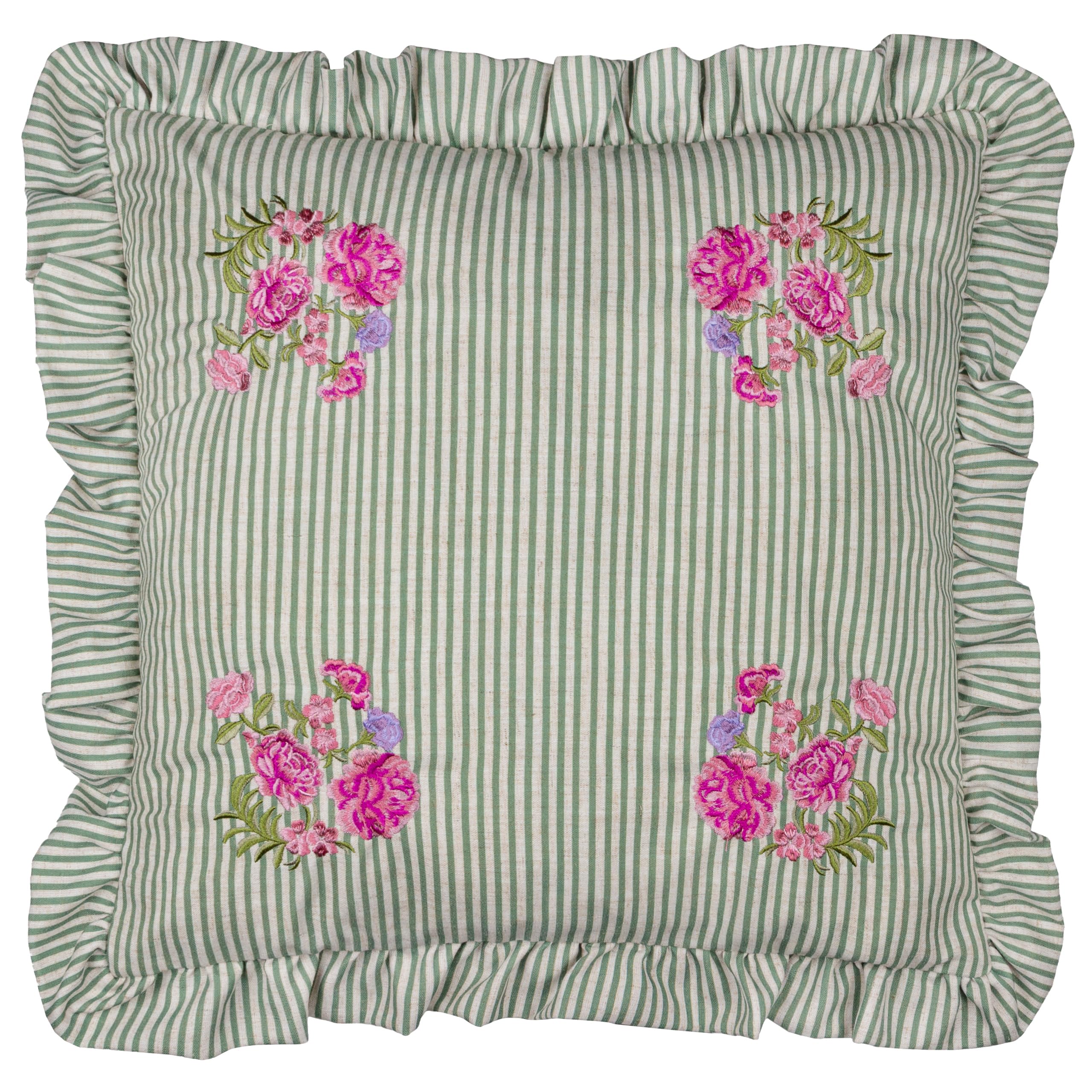 furn. Wylder Martha Ruffle Cushion Cover – Country Cottage Floral Embroidered Striped Decorative Case (Sage – 50x50cm)