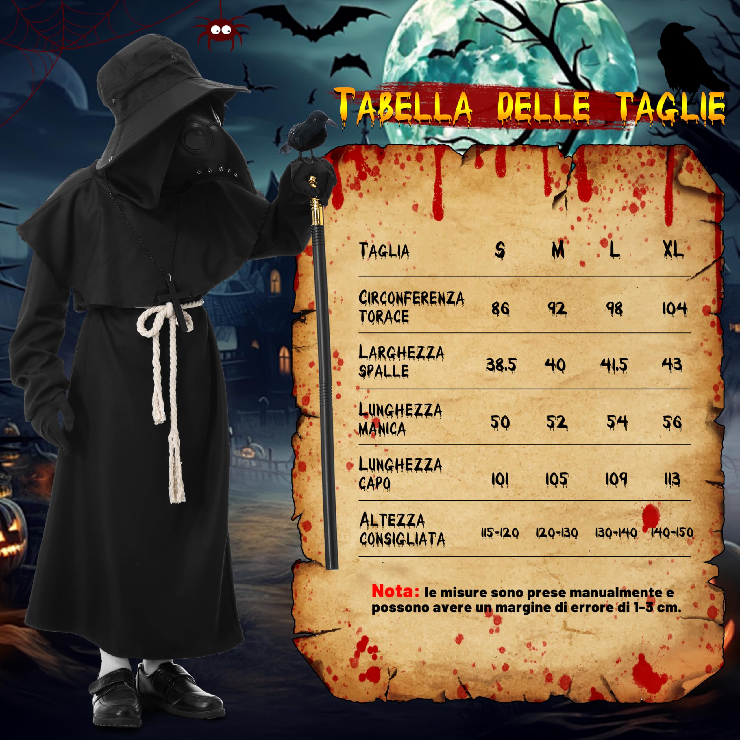 MOMOSTAR Medico Della Peste Costume per Bambini, Halloween Costume Pestdottore con Maschera del Medico Della Peste, Medievale Plague Doctor Costume per Halloween Carnevali Cosplay