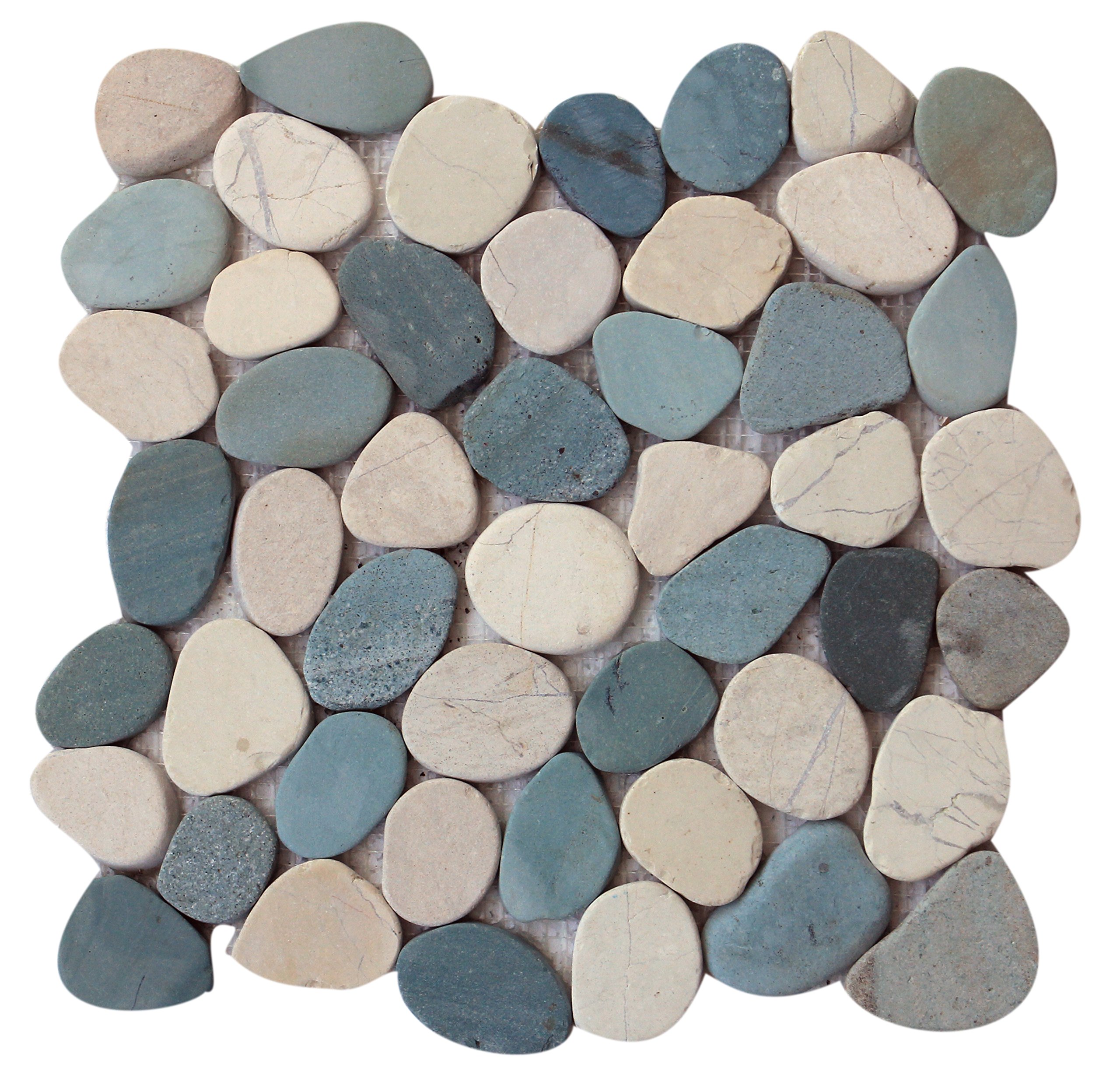 Interlocking Pebble Floor Tiles (5-Pack) Kitchen, Bathroom, and Patio Flooring | Indoor and Outdoor Use | Natural Green Indonesia Flat Stones | Quick and Easy Grout Installation