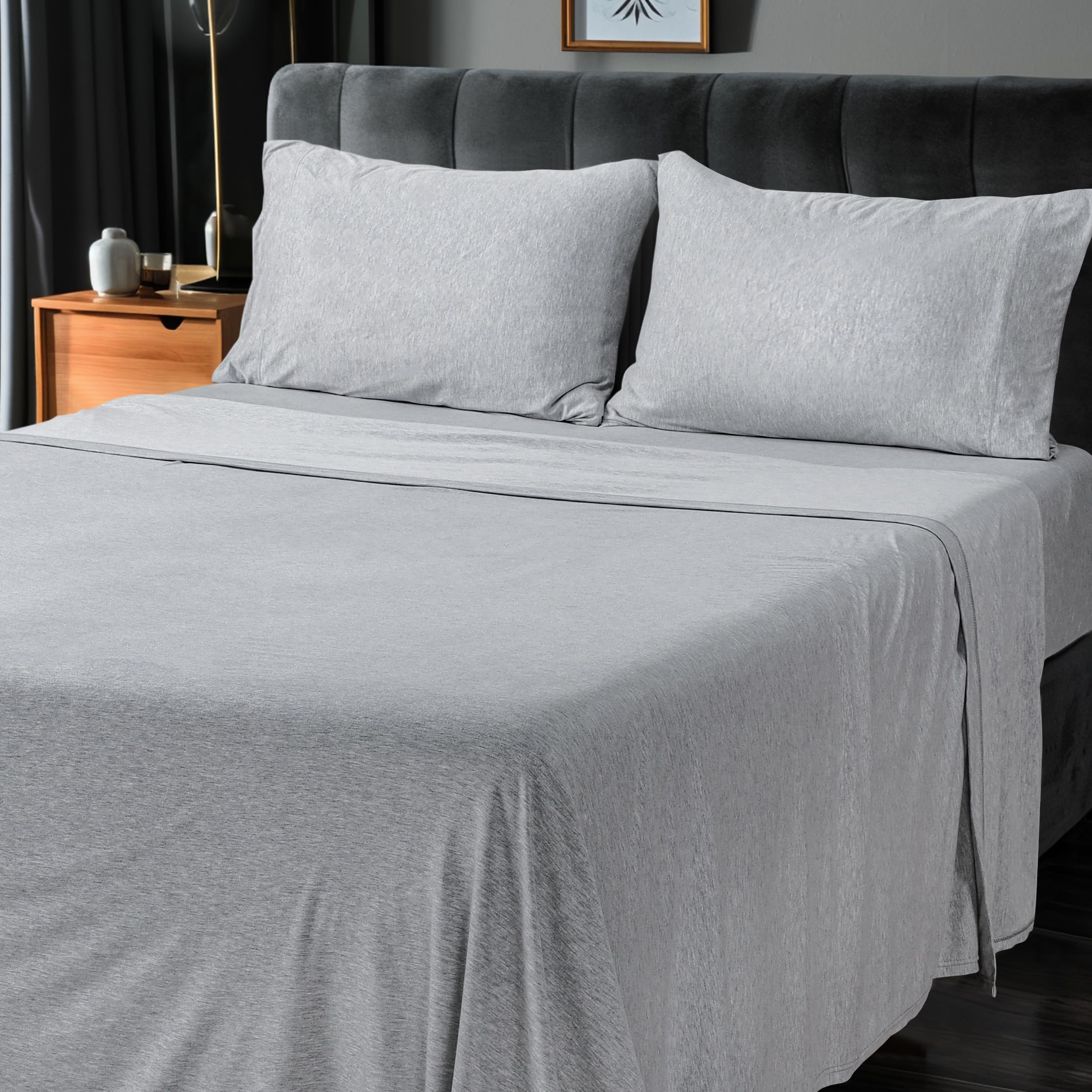 Utopia Bedding Queen Sheet Set - Jersey Knit Sheets 4 Piece – Cotton – Soft T-Shirt Stretchy Sheets (Heather Light Grey)