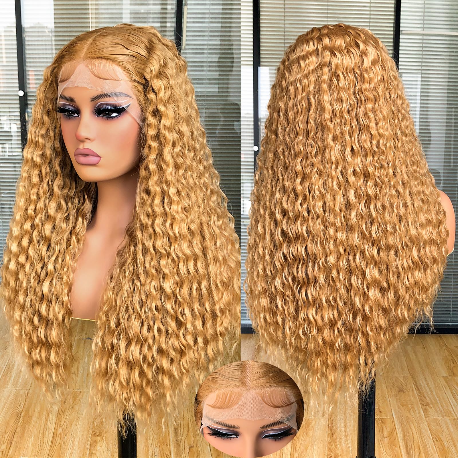 Annivia Long Curly Lace Front Wigs for Black Women, Pre Plucked with Baby Hair,Deep Wave Lace Front Wig,Afro Kinky Curly Synthetic Glueless Lace