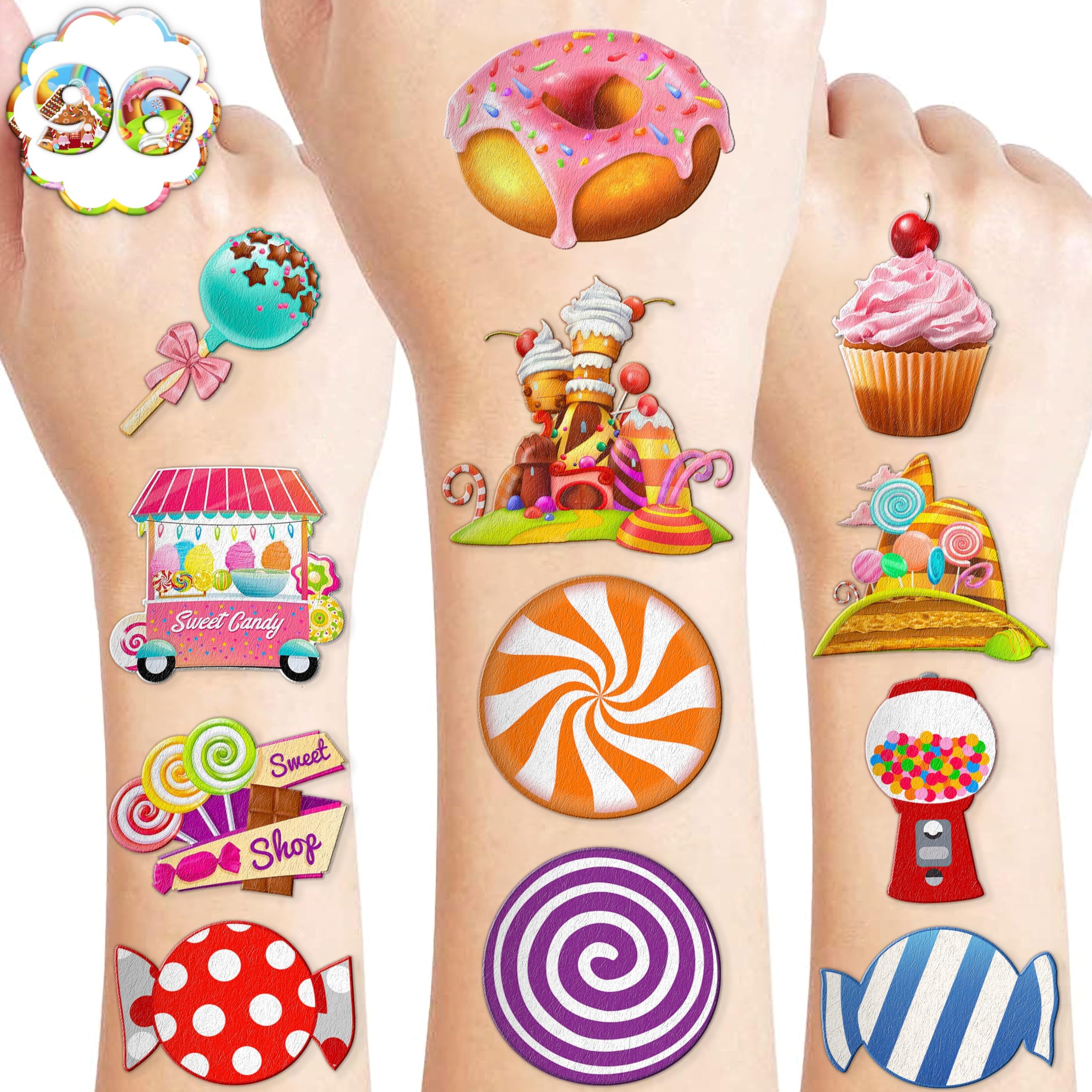 96 PCS Cute Candyland Candy Land Pre-Cut Temporary Tattoos for Kids Theme Birthday Party Decorations Supplies Favors Decor Stickers Tattoo Gifts for Girl Boys Noel School Rewards