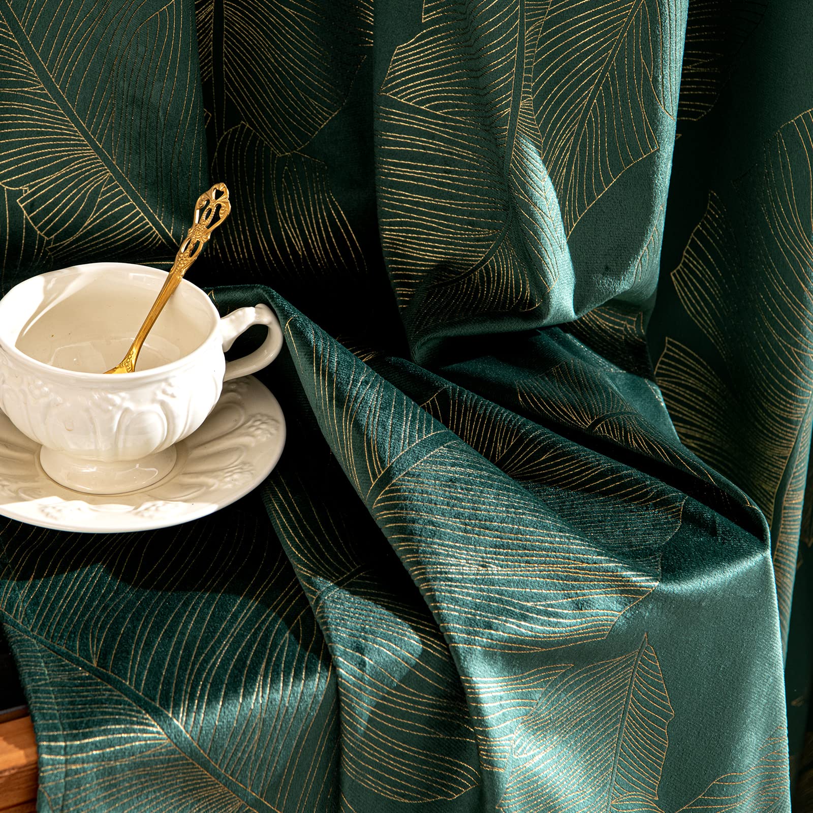 MIULEE Tende Velluto con Motivo a Foglia D'oro, Tende Verde per Soggiorno 2 Pezzi 140x260 cm, Decorazioni Tende per Casa Interni Finestra, Tenda in Velluto Camera da Letto con Anelli