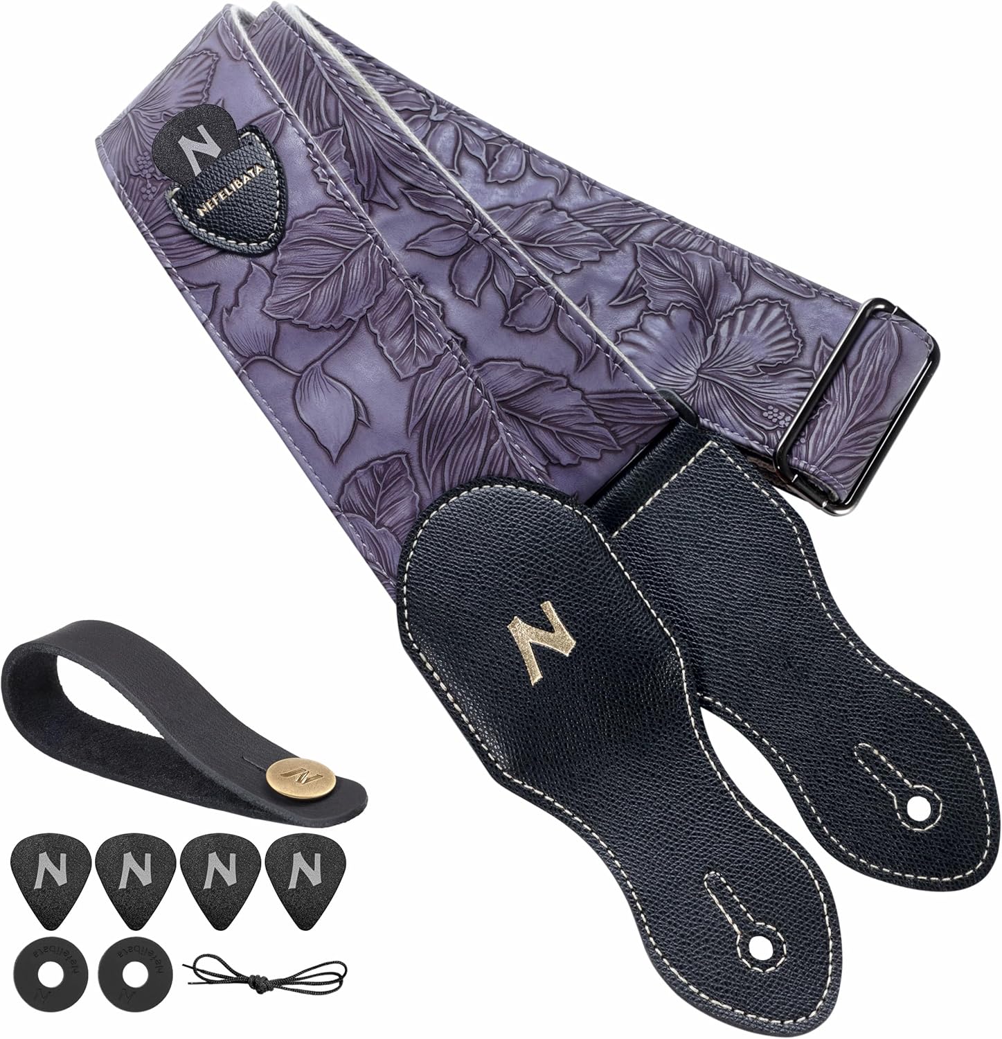 Nefelibata Guitar Strap with Pick Pocket,2.3 inch Porter Style Vegan Leather Carving Guitar Straps,60s Vintage Style (Purple)