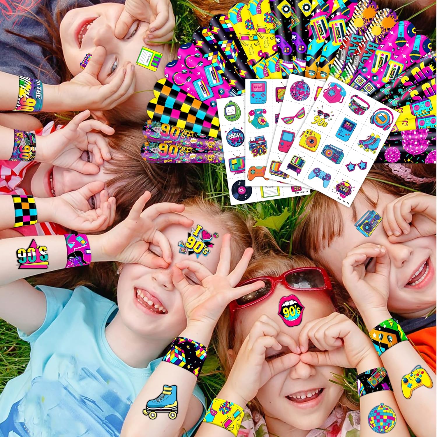 72PCS 90s & 80s Party Favors - 48PCS Pre-Cut Tattoos & 24PCS Slap Bracelets, Retro 90s Birthday Party Supplies Decorations, Ideal for Kids’ Classroom Prizes & Rewards for Boys & Girls - Image 8