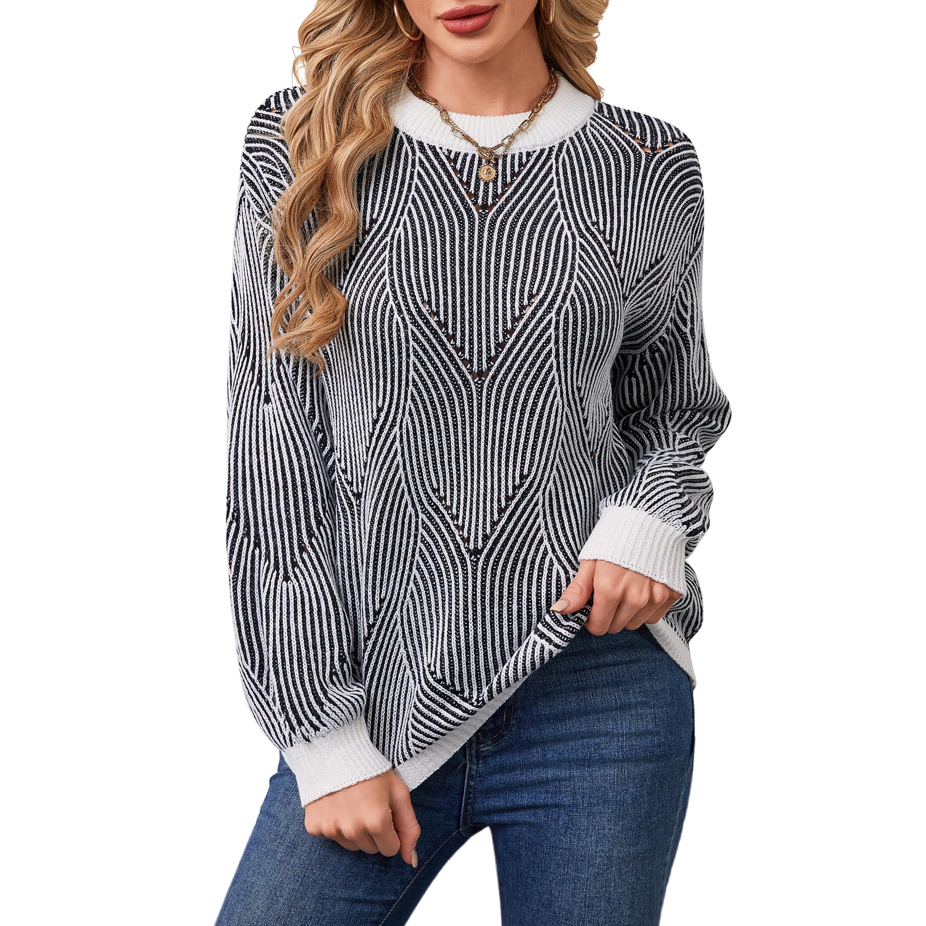 Womens Sweaters Fall 2025 Casual Long Sleeve Crewneck Cute Striped Pattern Knit Pullover Tops S-XL
