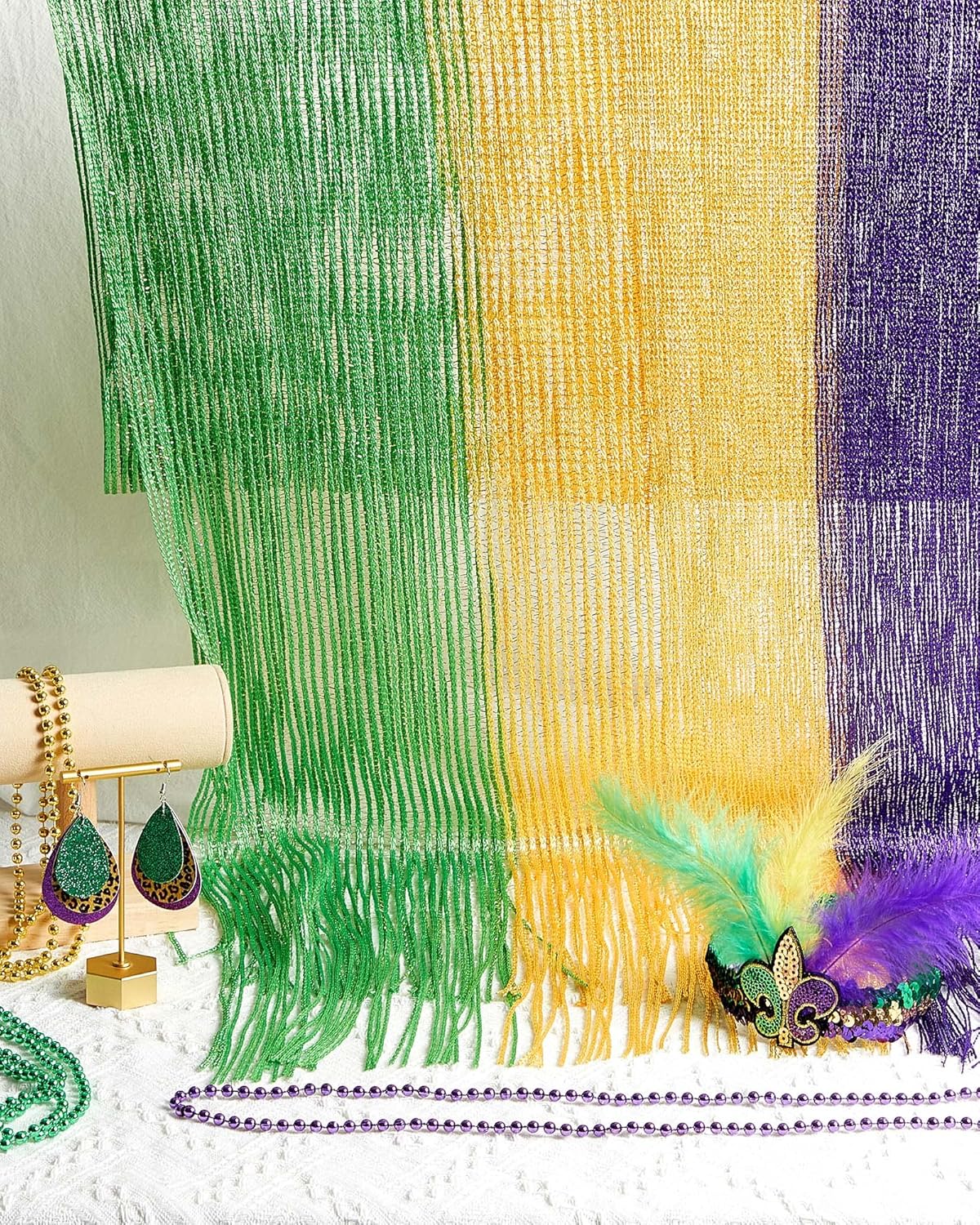 8 Pcs Mardi Gras Outfit for Women Mardi Gras Shawl Scarf Sequin Headband Eye Patch Earrings Necklace Apparel Costume Accessories Masquerade Carnival Party - Image 6