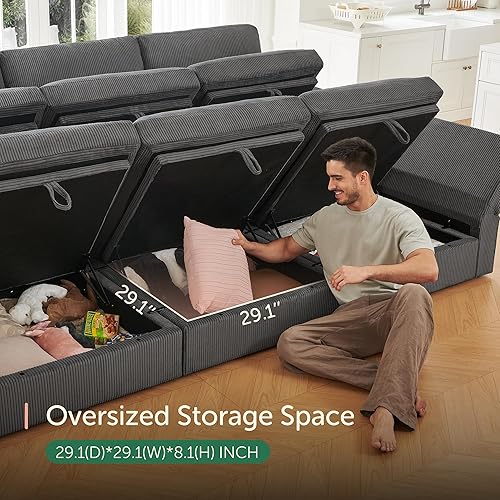 Miniatura 4 de HONBAY Sofá modular modular con sofá de pana de almacenamiento con diván en forma de U para sala de estar, gris oscuro