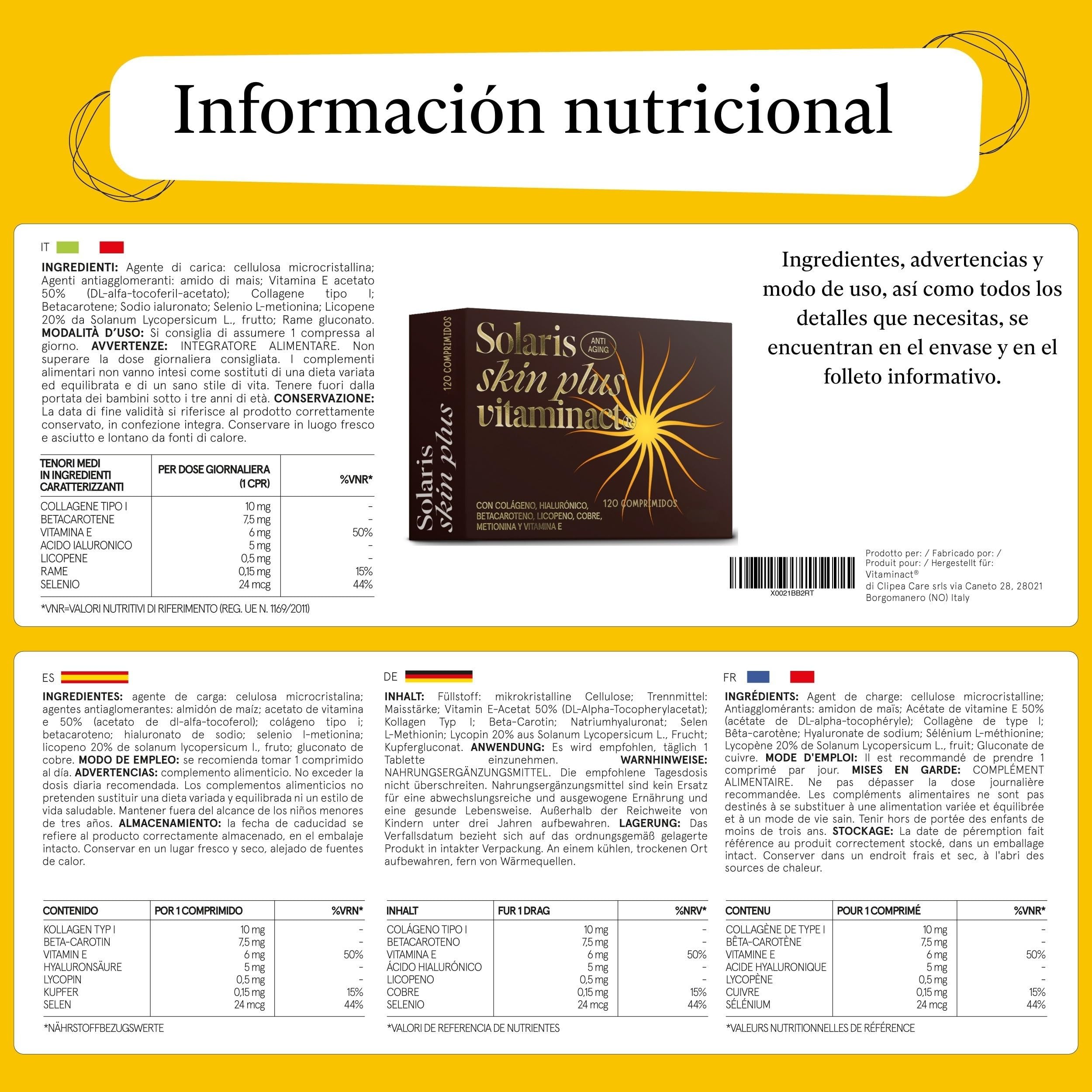 Acelerador del Bronceado con Betacaroteno – Pastillas Bronceadoras – El Único con Colágeno y Ácido Hialurónico – Licopeno, Vitamina E, Cobre y Selenio – 120 Comprimidos – Solaris Skin Plus