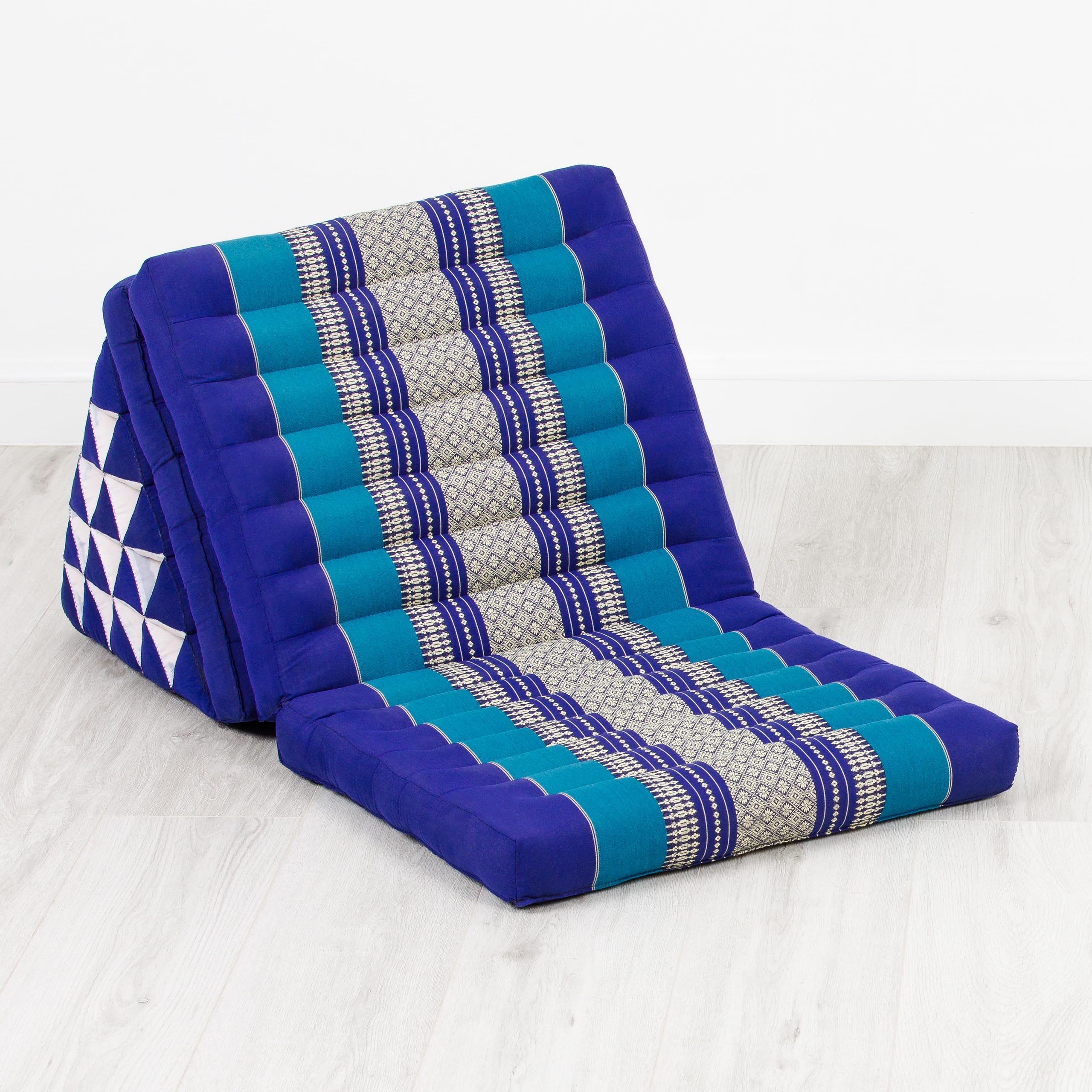 livasia Thaikissen 3 Auflagen extrahoch - 185x55x8cm - Dreieckskissen mit Klappmatratze, Kapok, Jumbo Rückenkissen faltbar, Thaimatte Klappen, handgefertigt, Meditationskissen (Blau)