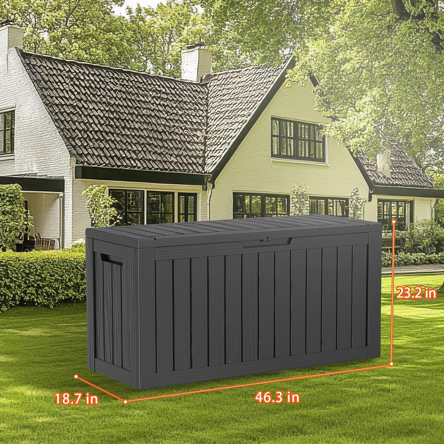 PatioZen 90 Gallon Resin Deck Box with dimensions labeled: 46.3 inches length, 18.7 inches width, 23.2 inches height.