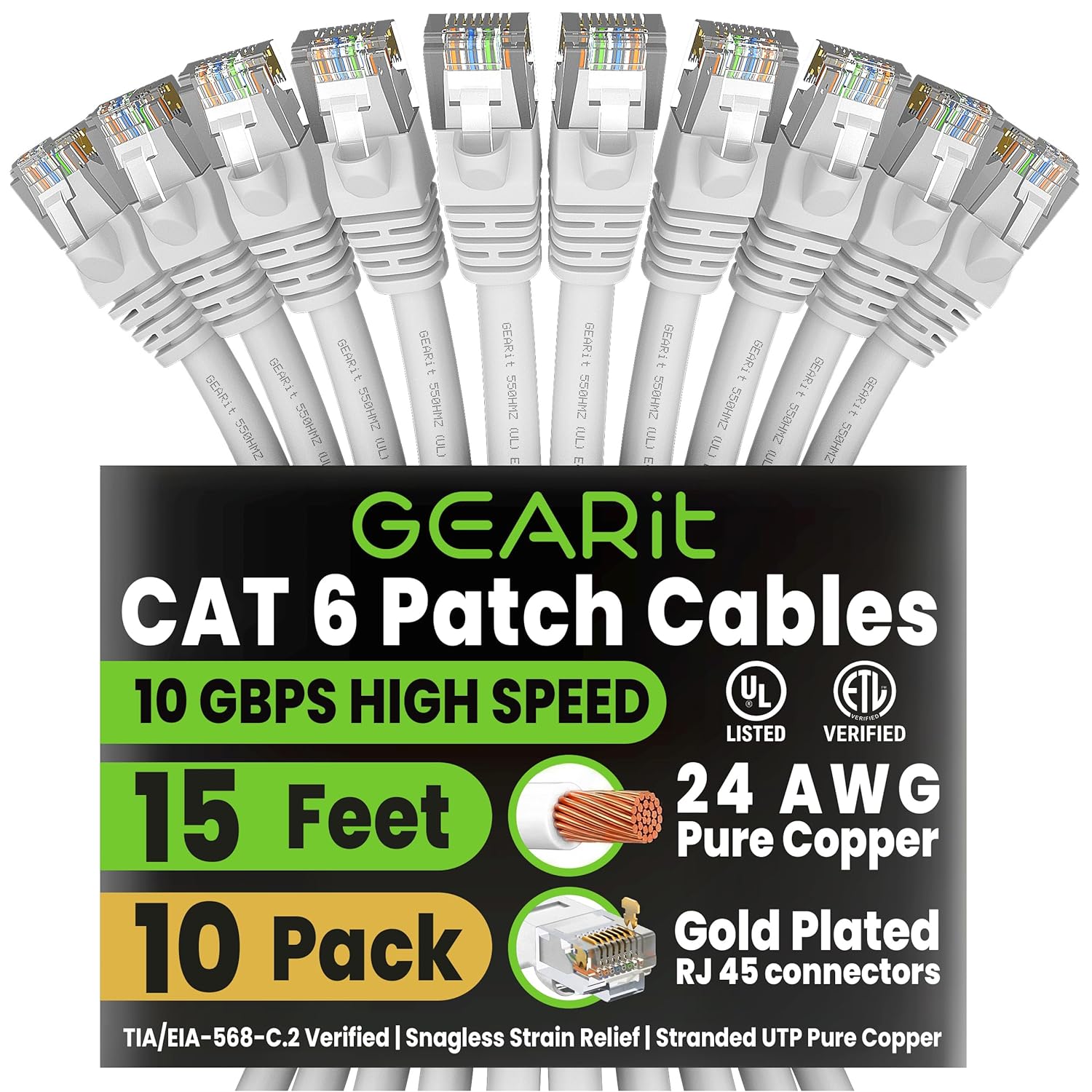 GEARit Cat 6 Ethernet Patch Cable 15 ft White (10 Pack) Cat6 Patch Cables 15ft White/Ethernet Patch Cable, 10Gbps 550MHz 24AWG Pure Copper, Snagless, Gold Plated RJ45 for Router, Server, Router, PC