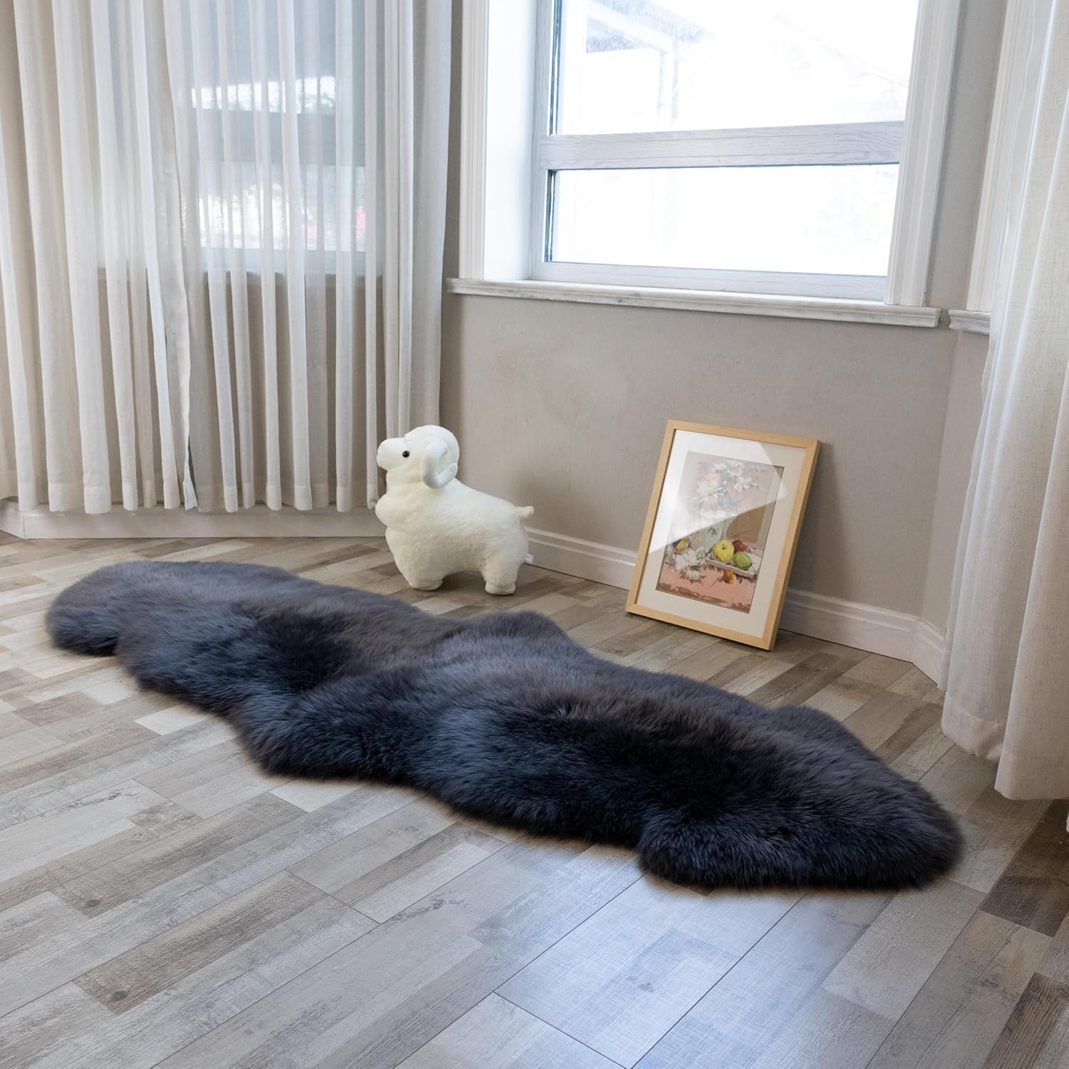 Sheepskin Rug, Fluffy Shaggy Area Rug, Super Soft 24‘’ x 72‘’Sheepskin Hair Rug, Plush Rug, Decorative Rugs for Bedroom, Children's Room, Living Room (Smoky Grey, 24" x 72") 2' x 6' (Sheepskin shape) Smoky Grey
