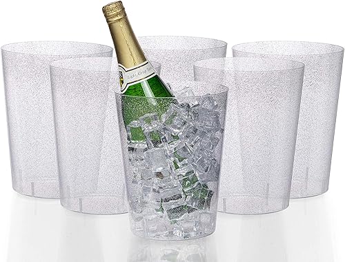 Exquisite Paquete de 6 cubos de hielo desechables de plástico transparente con purpurina plateada de 96 onzas para fiestas, bueno como un enfriador