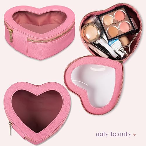 Miniatura 3 de Bolsa de maquillaje con forma de corazón – Bolsa de cosméticos de corazón rosa con cubierta transparente – Ideas de regalo para mujeres, mamá,