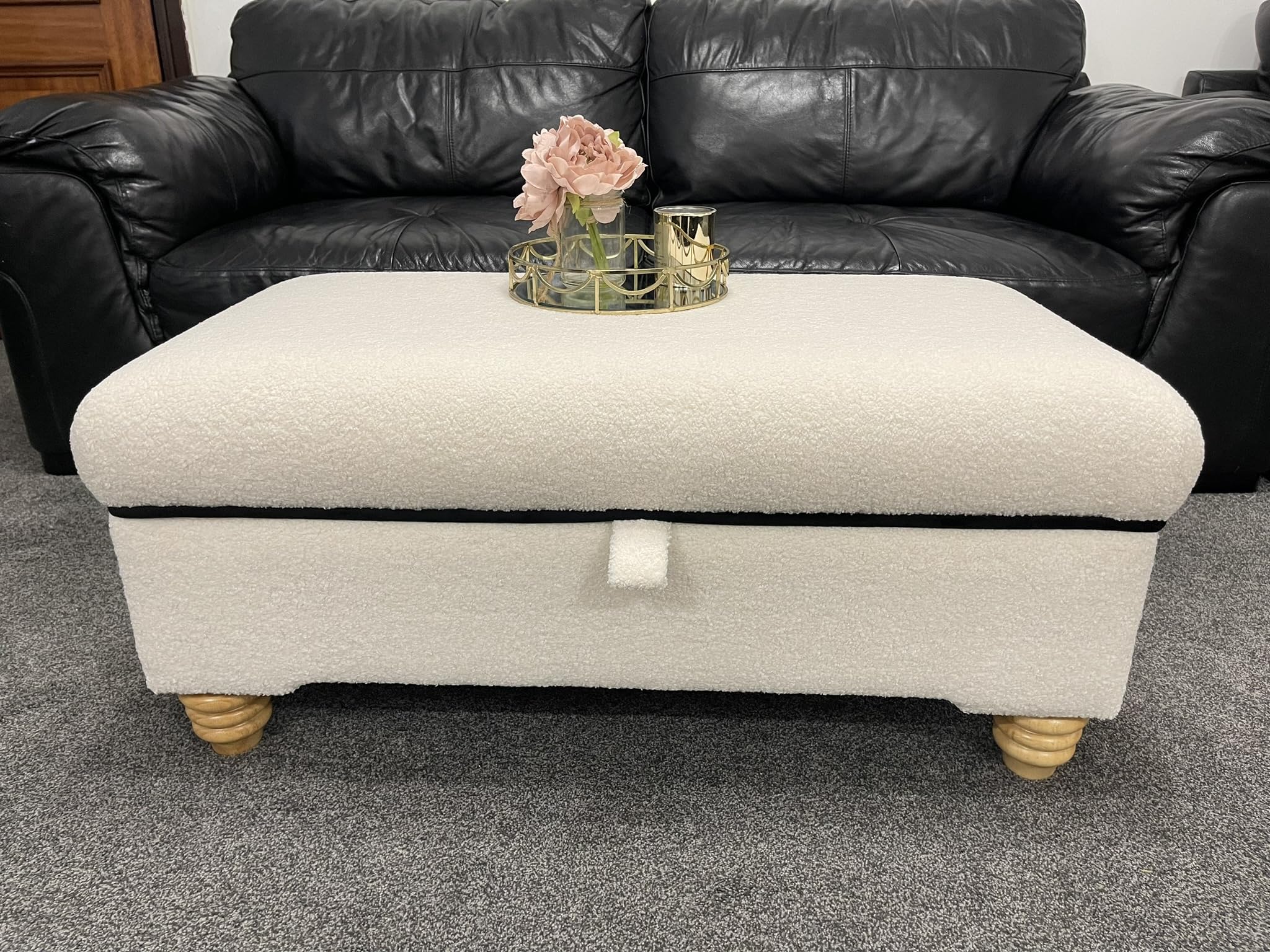 Majestic Handmade Upholstered Storage Plain Top Piping Ottoman Box Footstool Bespoke Coffee Table Teddy Fabric by Handmade Bedroom Furniture (Ivory)
