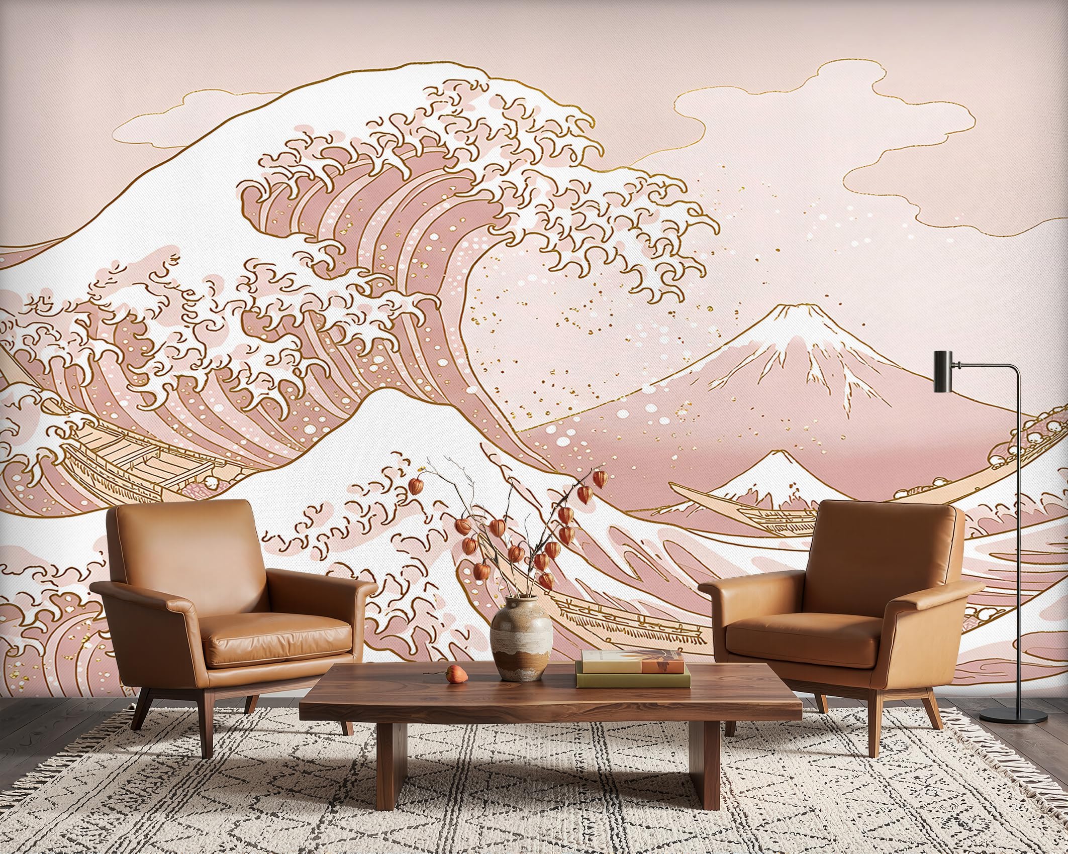 PaxGloz The Great Wave Pastel Pink Landscape Photo Wallpaper, Pink and Gold Japanese Teen Girls Wall Mural for Living Room & Bedroom, Non-Woven Decorative Wall Art 450x315 cm โ image 1