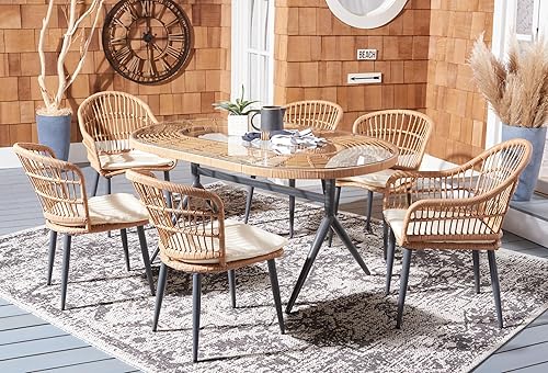SAFAVIEH Outdoor Collection Genser Natural Rattan/Beige Cushion 7-Piece Patio Backyard