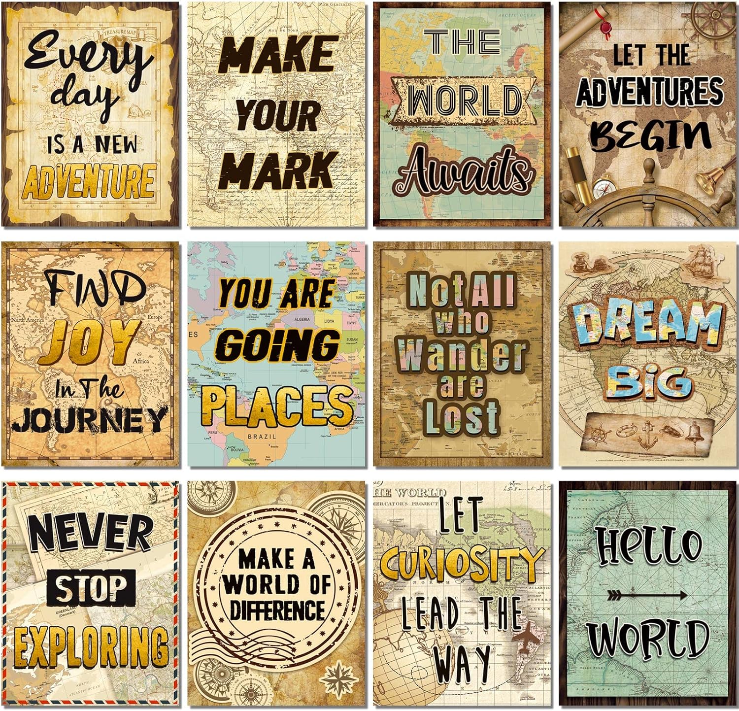 12 Pieces Travel The Map Motivational Wall Decor Travel World Inspirational Bulletin Board Posters Positive Quote Wall Art for Kids Nursery Homeschool Kindergarten Classroom Decorations, 11 x 14 Inch