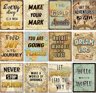 12 Pieces Travel The Map Motivational Wall Decor Travel World Inspirational Bulletin Board Posters Positive Quote Wall Art for Kids Nursery Homeschool Kindergarten Classroom Decorations, 11 x 14 Inch