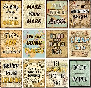 12 Pieces Travel The Map Motivational Wall Decor Travel World Inspirational Bulletin Board Posters Positive Quote Wall Art for Kids Nursery Homeschool Kindergarten Classroom Decorations, 11 x 14 Inch