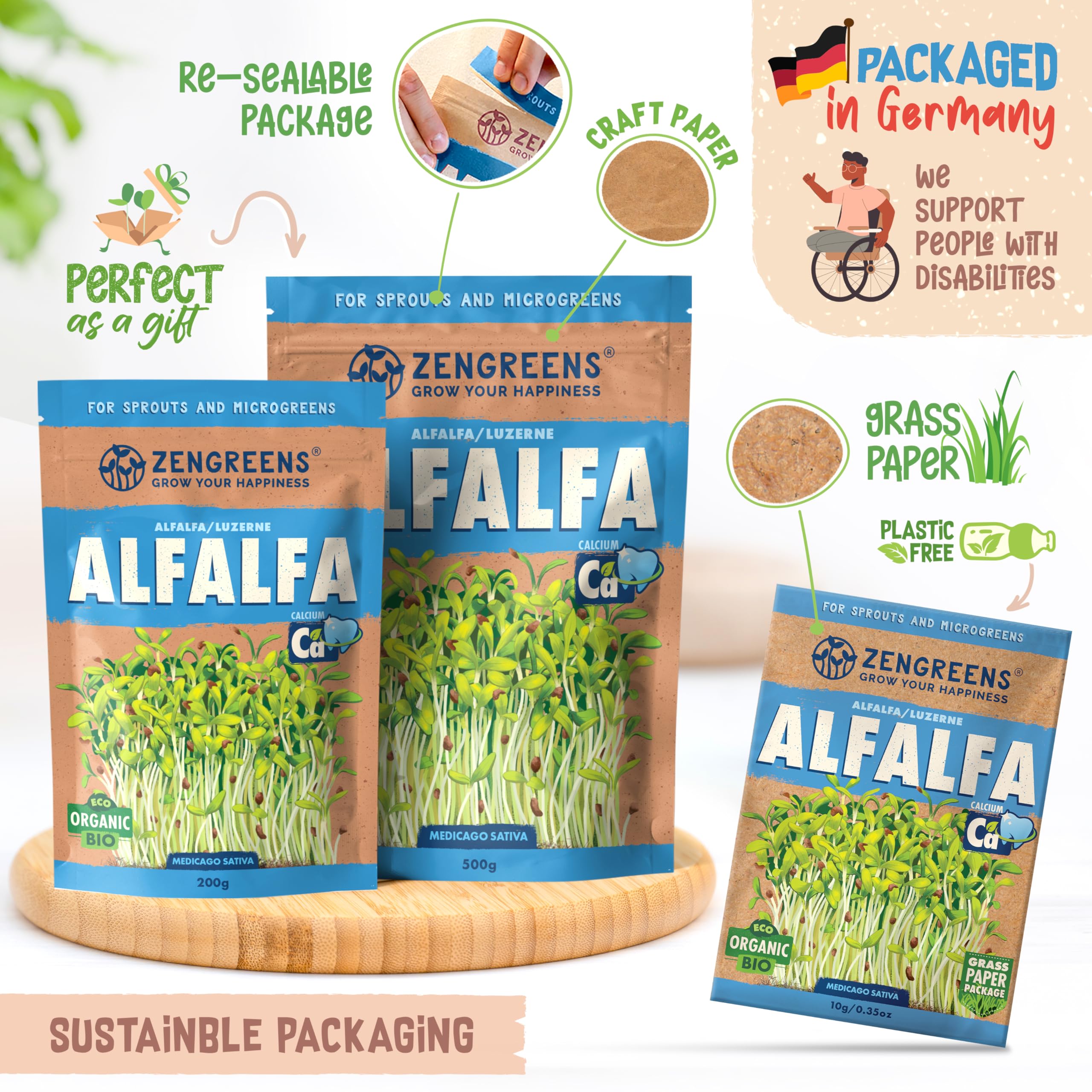 ZenGreens® - Organiczne nasiona lucerny - Wybierz pomiędzy 10, 200 g i 500 - nasiona lucerny o zdolności kiełkowania ponad 97% - nasiona lucerny kiełki