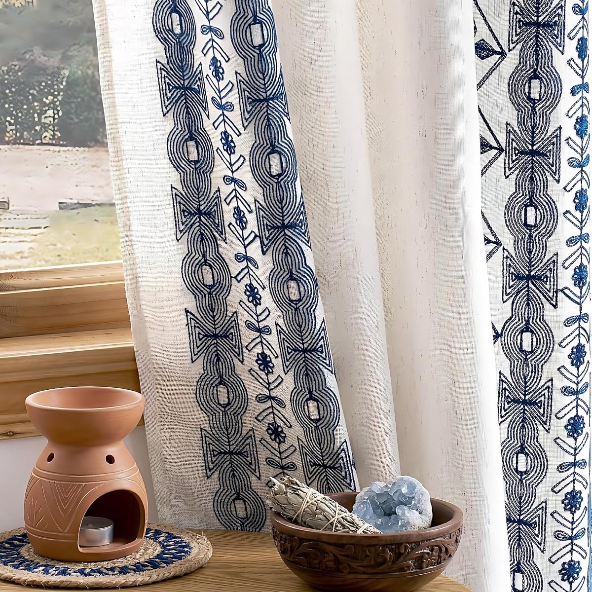 NICETOWN Boho Curtains with Navy Blue Trim 84" Long 2 Panels | Embroidered, Linen Textured, Geometric Pattern, with Antique Bronze Grommets, Light Filtering, For Nursery