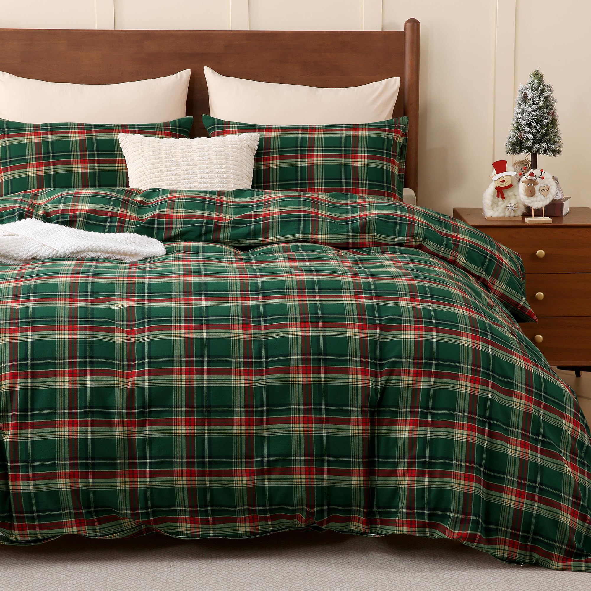 TOCOMOA Christmas Plaid Duvet Cover Set 100% Washed Cotton Like Linen, King