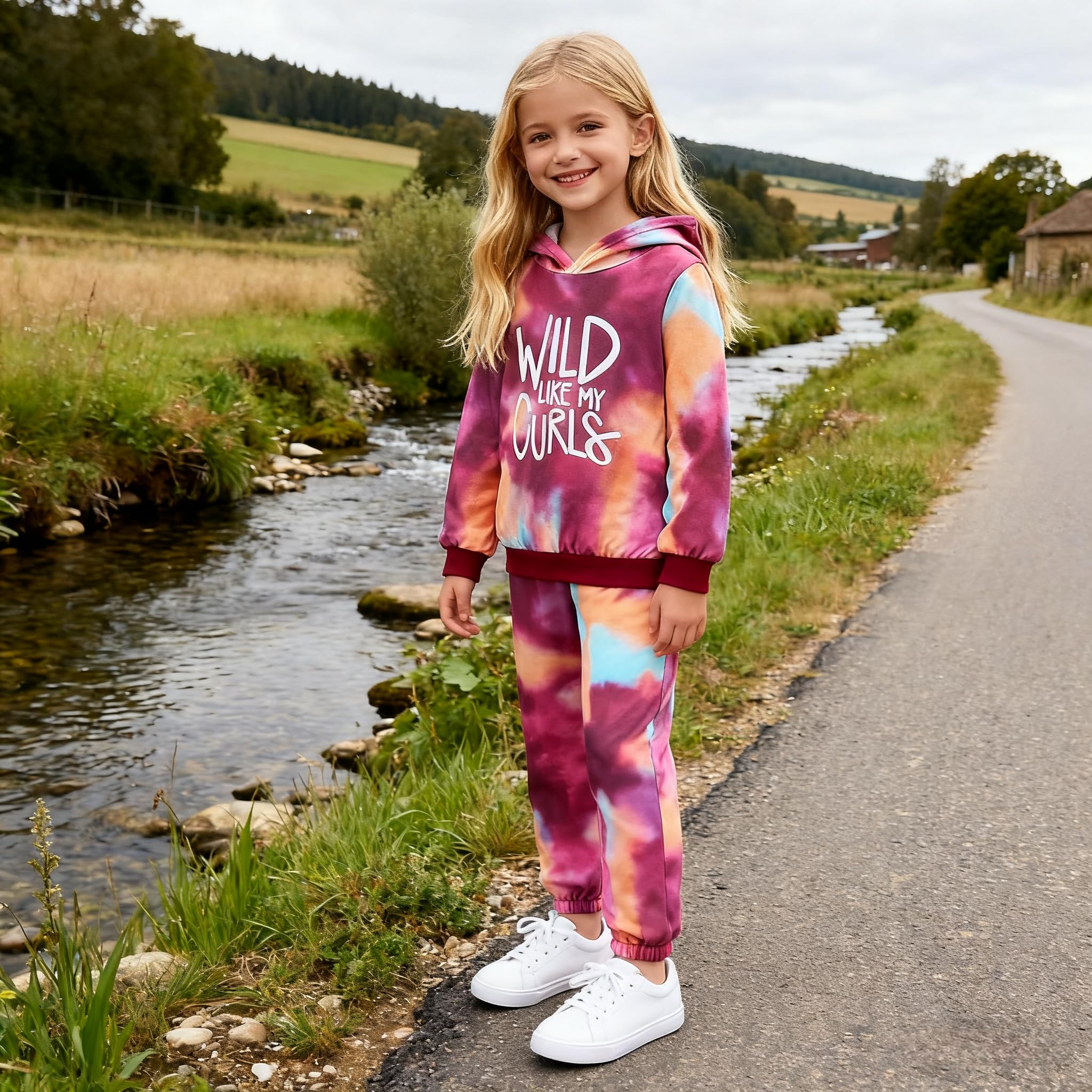 Conjunto de ropa para niñas de 4 a 8 años, con estampado de letras, teñido anudado, camiseta de manga larga y pantalones largos de teñido anudado
