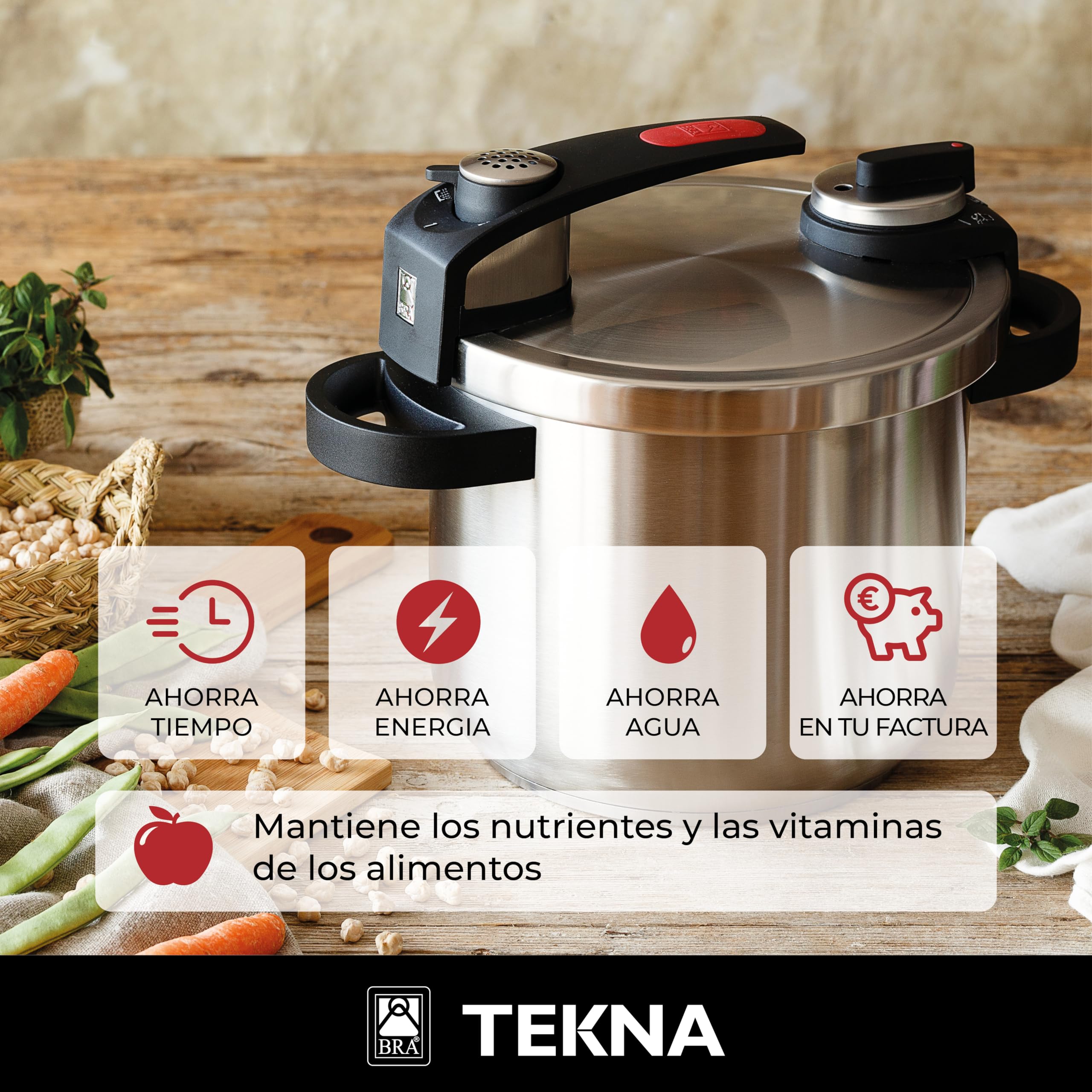 BRA Tekna | Olla a Presión Rápida de Fácil Apertura de 6 Litros, Fabricada en Acero Inoxidable 18/10, Con 2 Programas de Cocción y Sistema de Bloqueo de Apertura, Apta para Todo Tipo de Cocinas