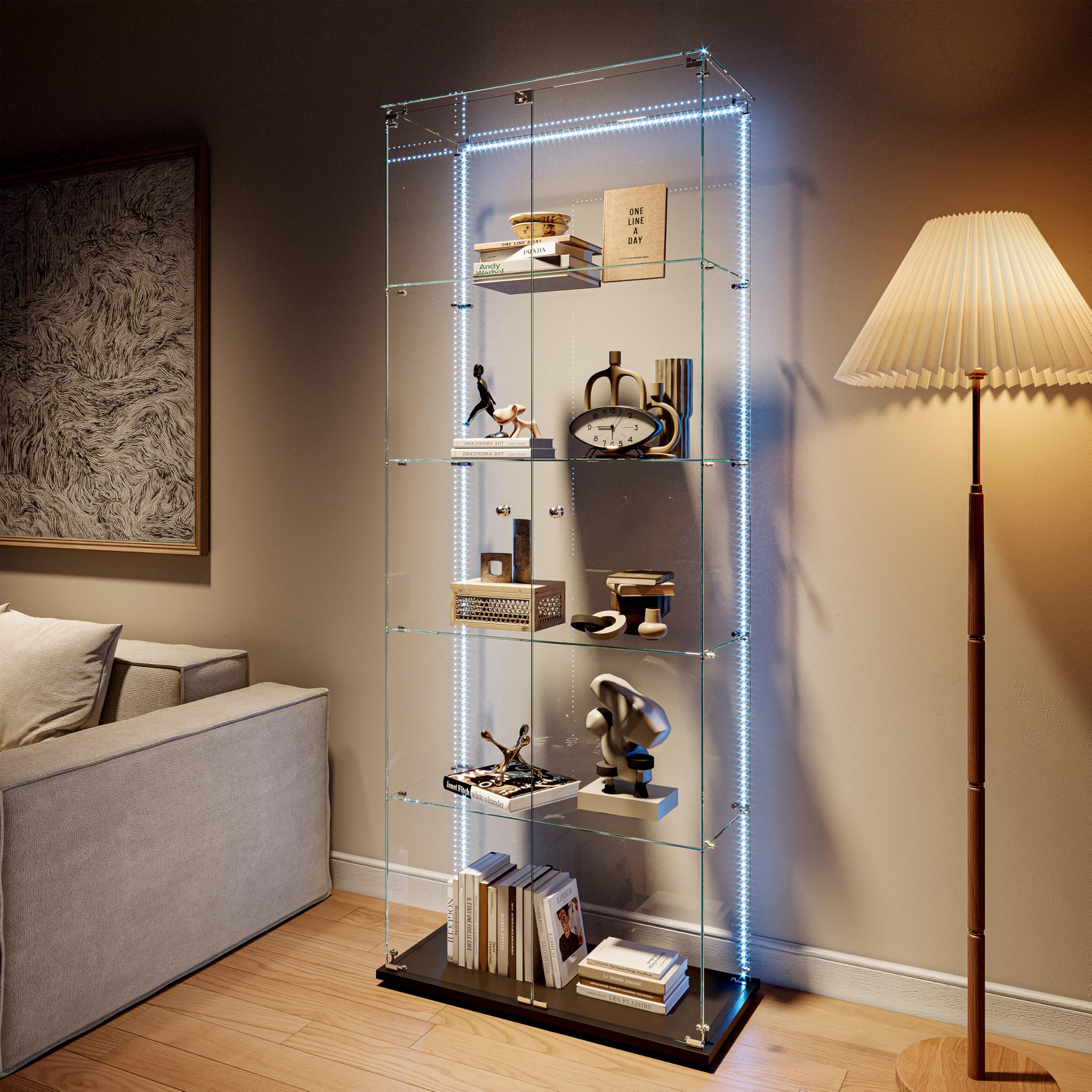 Vitrine en Verre avec LED,Armoire vitrine pour Collection avec 2 Porte 5 étagères Transparent Meuble Vitrine Verre vitrines Figurine Armoire Salon Bar (5 étages 2 Porte+LED-1, Noir)