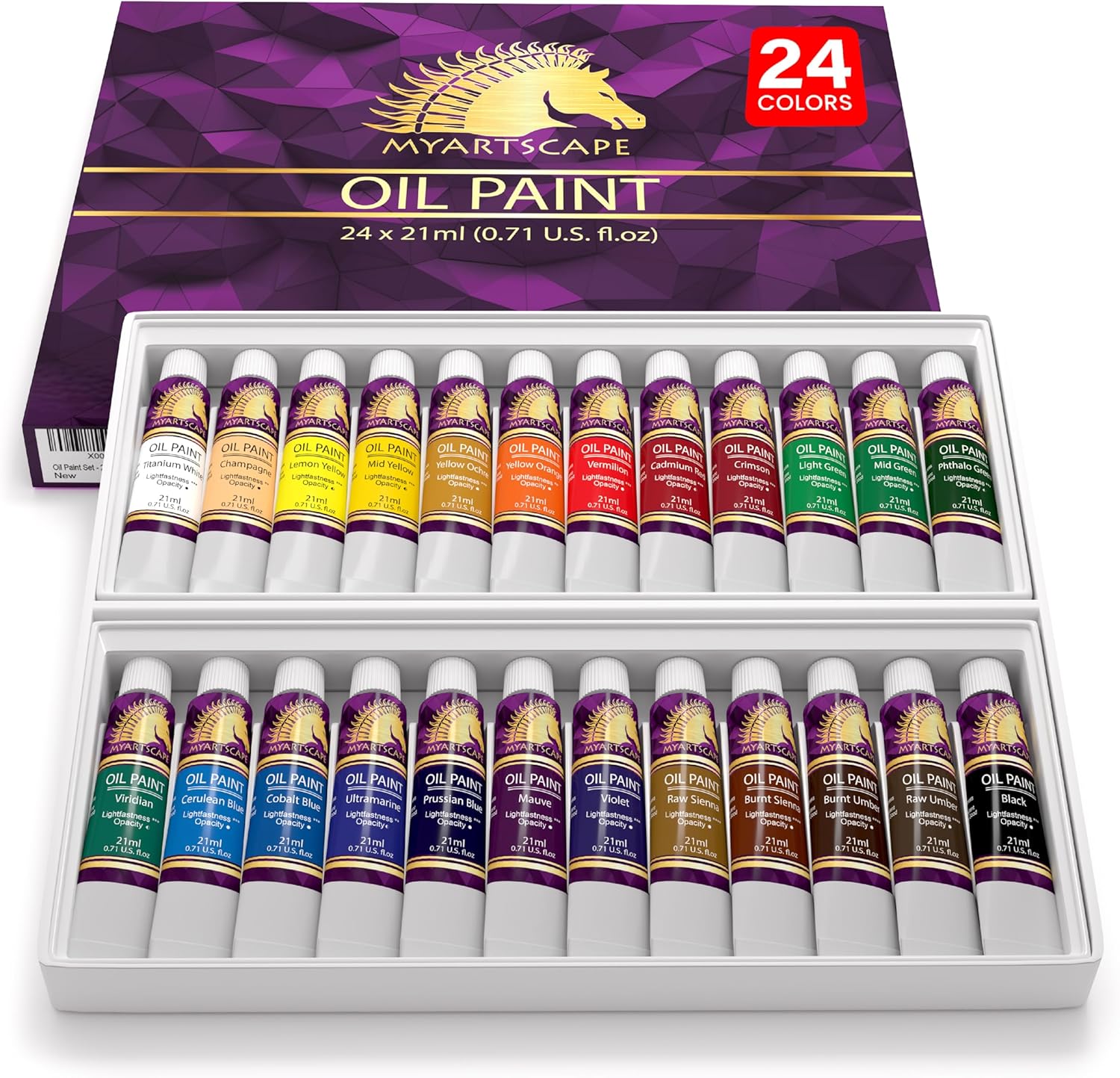 MyArtscape Oil Paint Set - 24 x 21ml Tubes - Artist Quality - Rich Vivid Oil-based Colors - Lightfast - Heavy Body - Great Saturation - Glossy Finish - Professional Painting Supplies