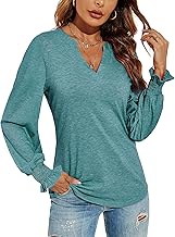 Romanstii Women's Casual V-Neck T-Shirts Loose Puff Long Sleeve Tops Tunic Blouses