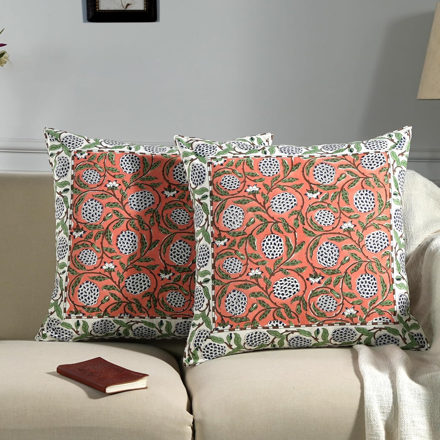 Ridhi Hand Block Print Dark Salmon Pink 20x20 Set of 2 - Modern Farmhouse Pillow Covers Decorative Cotton