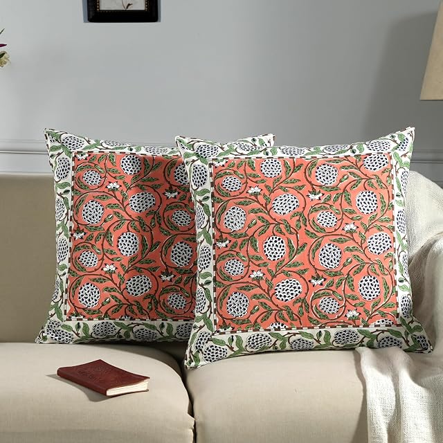 Ridhi Hand Block Print Dark Salmon Pink 20x20 Set of 2 - Modern Farmhouse Pillow Covers Decorative Cotton