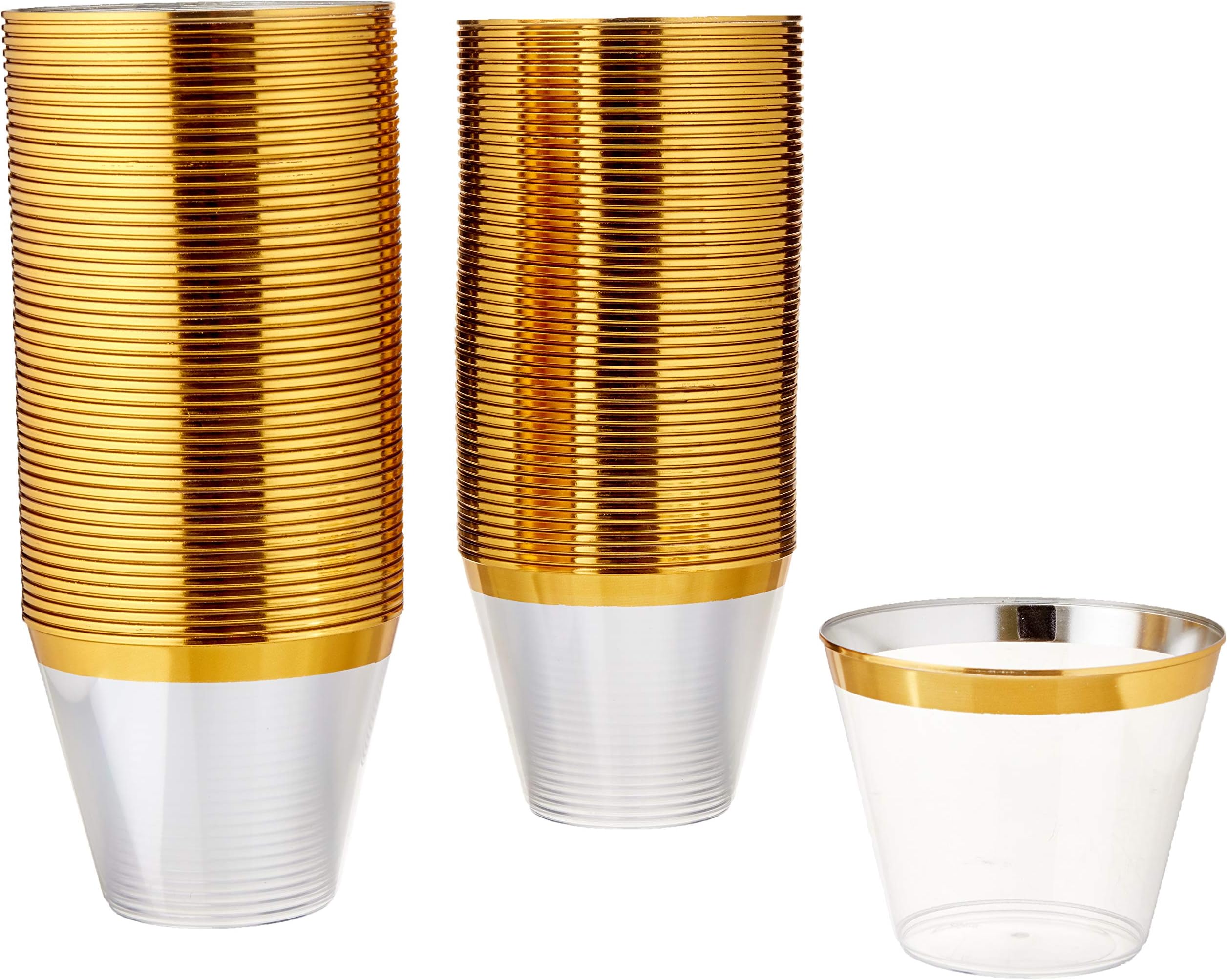 100 Gold Plastic Cups 9 Oz - Elegant Fancy Wedding Gold Plastic Cups || Fancy Rich Gold Disposable Party Cups || Gold Rimmed Durable Clear Disposable Cups || Gold Plastic Disposable Cups/Tumblers