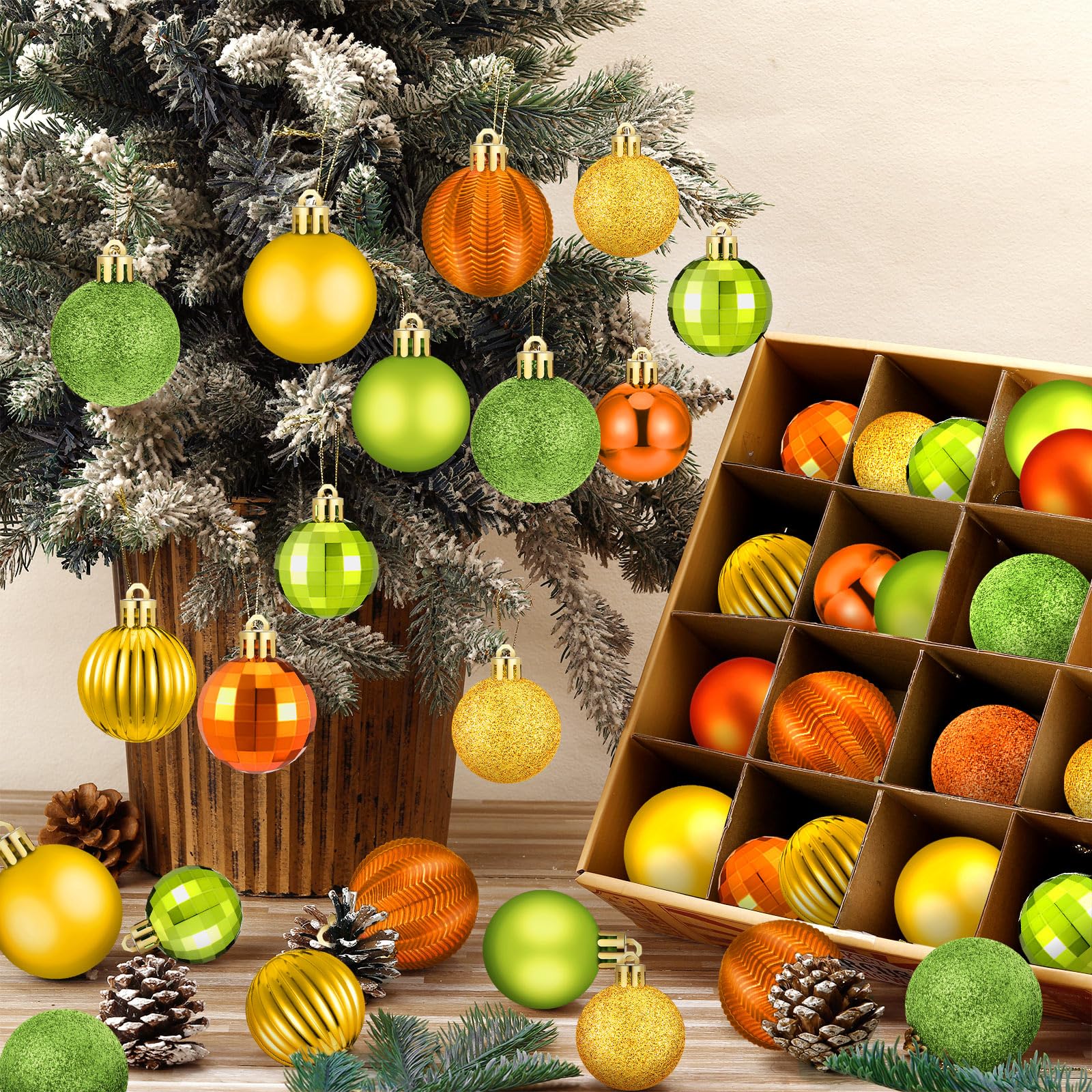 Lunmon 64 adornos de bola de otoño para árbol de Navidad con purpurina, dorado, naranja, verde, decoración de otoño, adornos de cosecha de varios tamaños para suministros de fiesta, 1.6/1.97/2.4