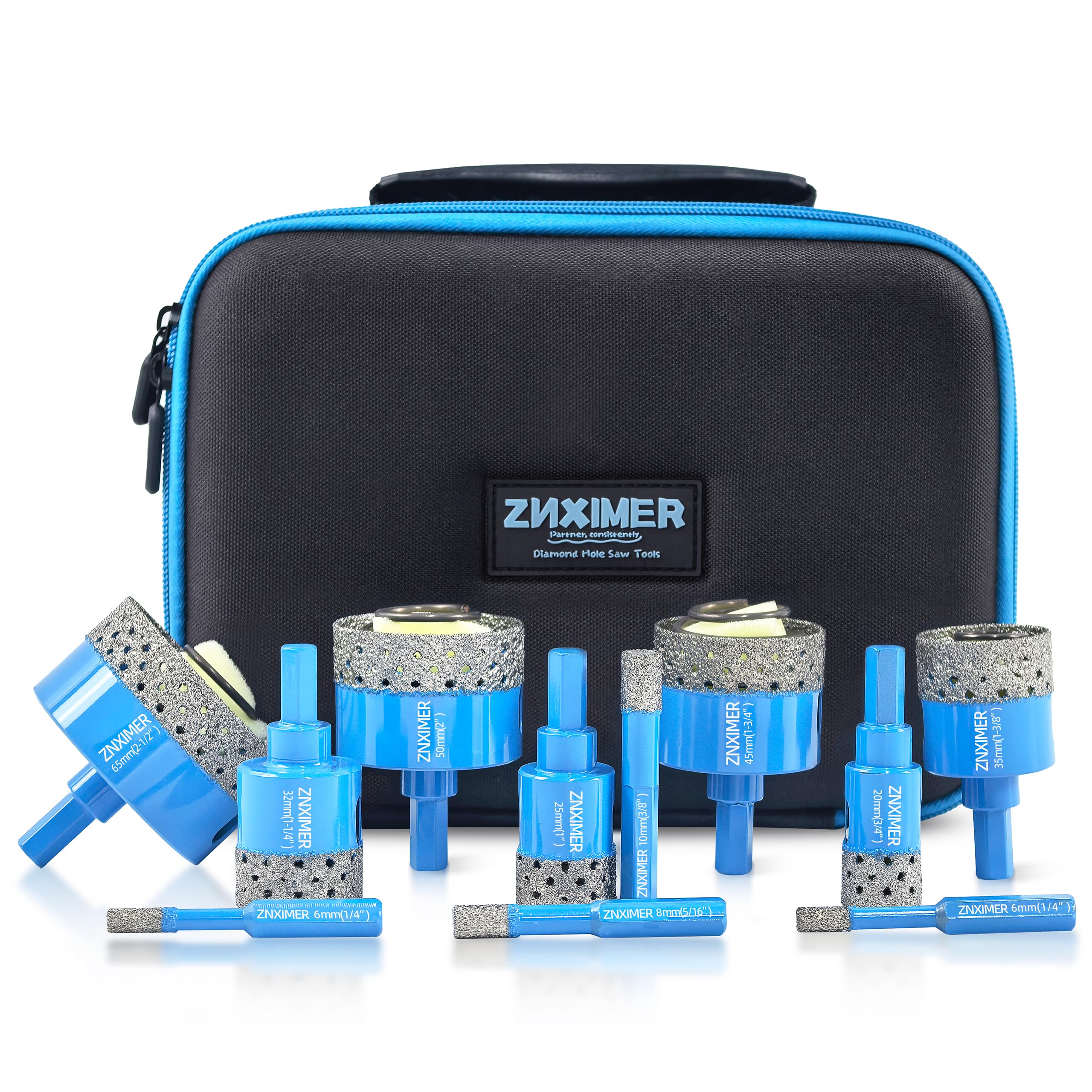 Diamond Hole Saw kit - ZNXIMER Porcelain Tile Hole Saw Kit for Ceramic, Granite, Marble and More Drilling - 11pcs Diamond Core Drill Bits Set(6/6/8/10