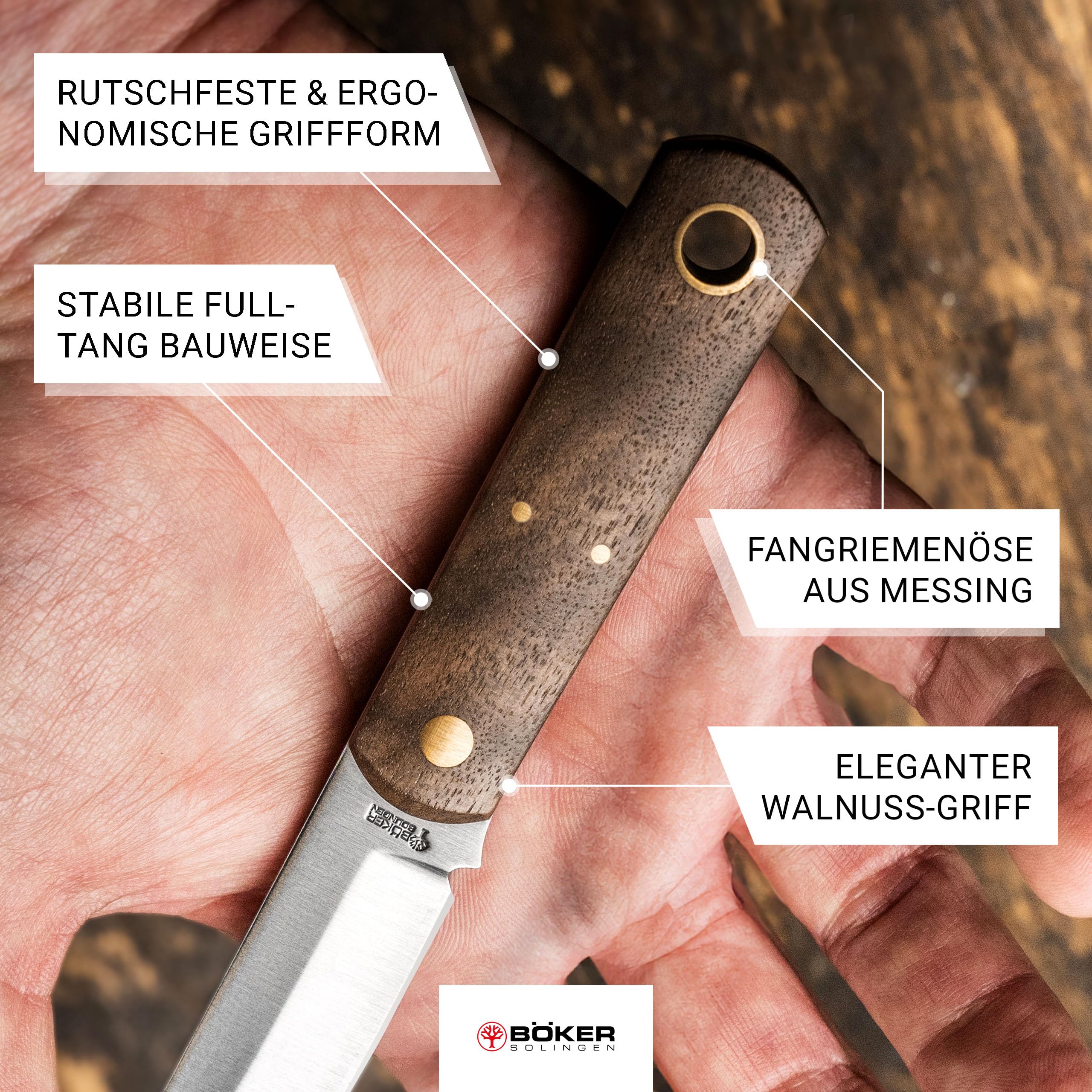 Böker SOLINGEN® Barlow BFF feststehendes Taschenmesser mit Holz-Griff - Premium Taschen-Messer handgemacht mit Lederscheide - 42a konformes Messer Made in Germany