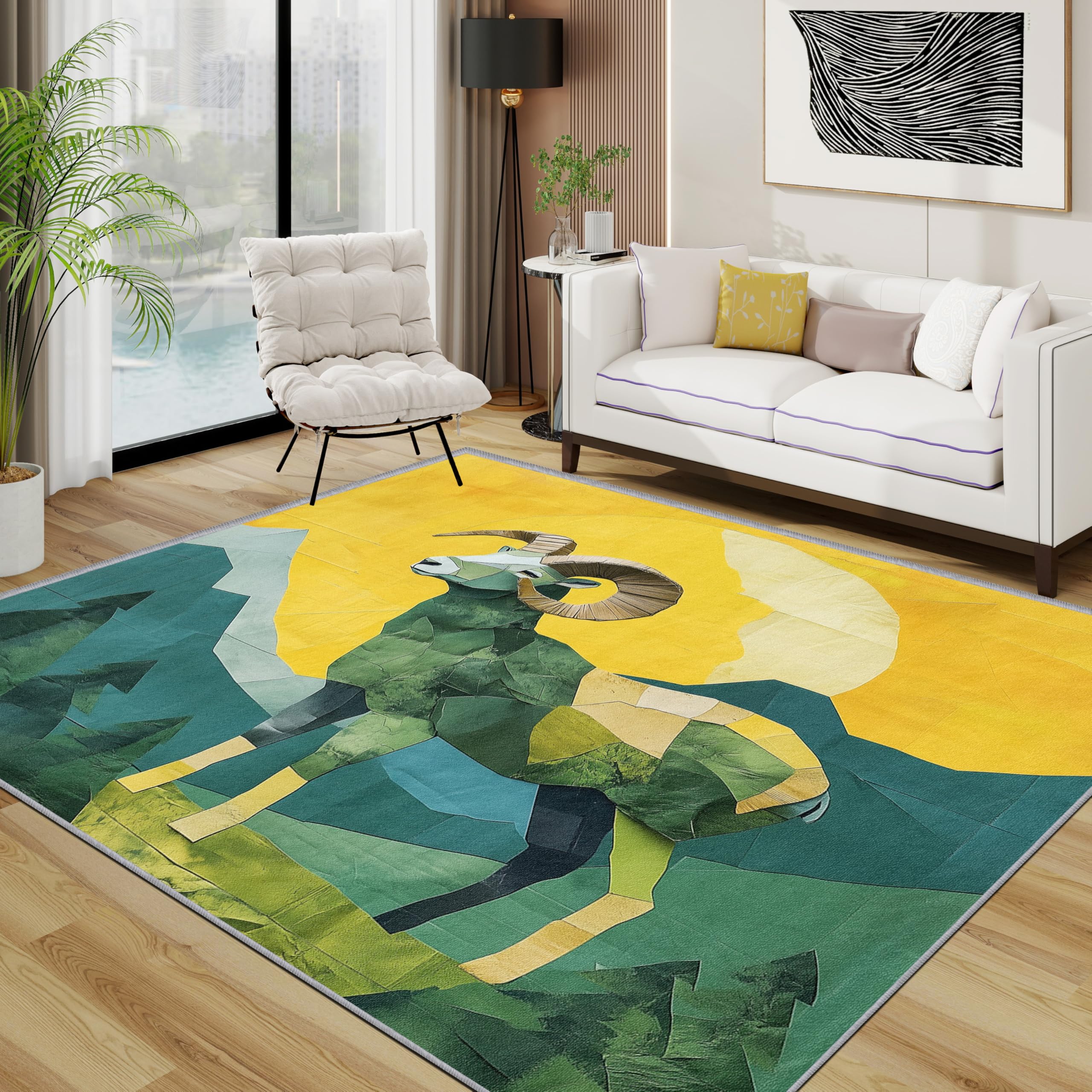 TerroVee Wildlife Rug - Geometric Abstract Ram Small Rugs for Bedroom 40x60, Wild Animal Floor Mat Soft Washable Non Slip Indoor Mats, Wildlife Home Decor