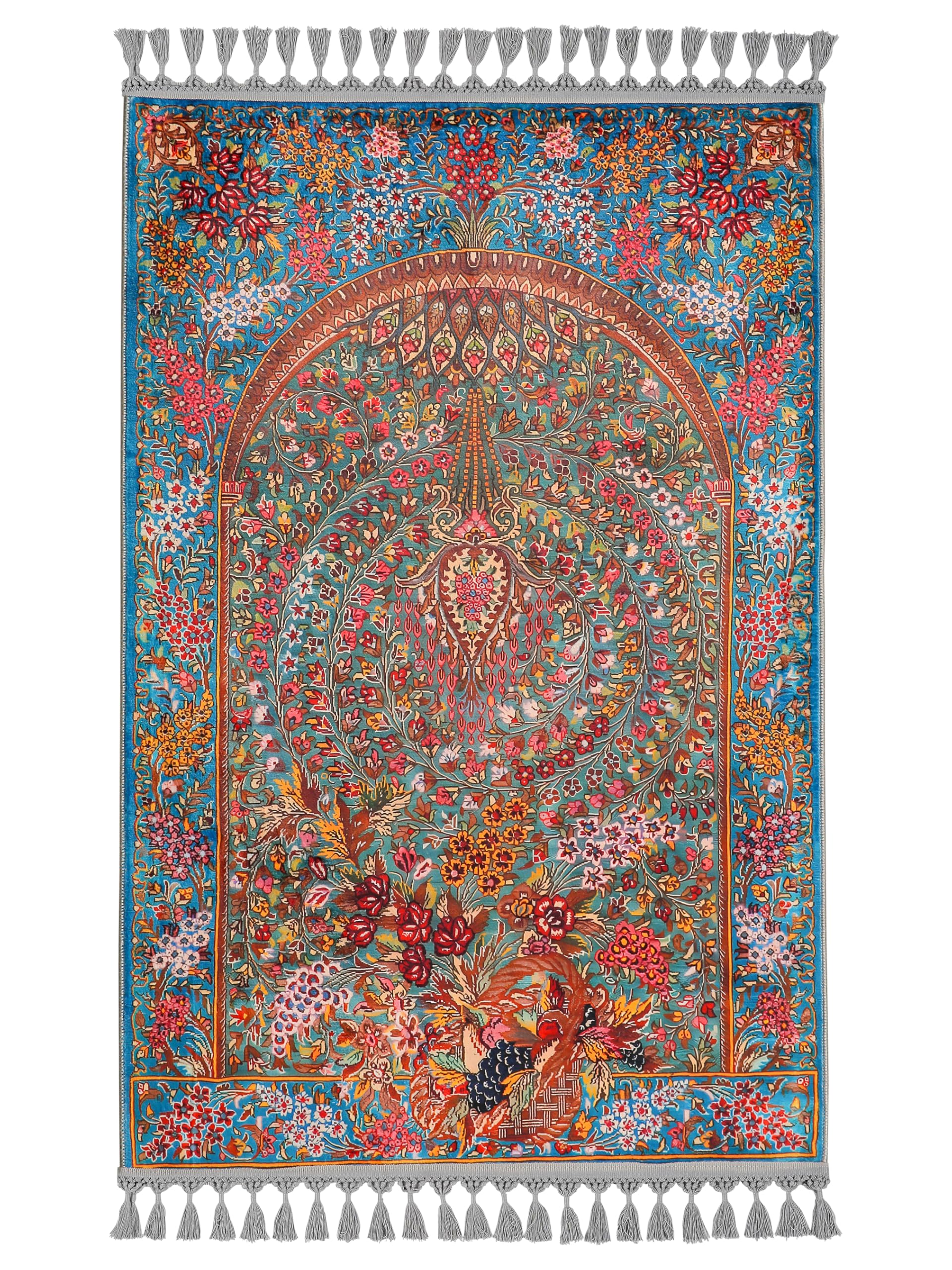 Alfombra de oración floral con diseño turco tradicional turquesa y coral