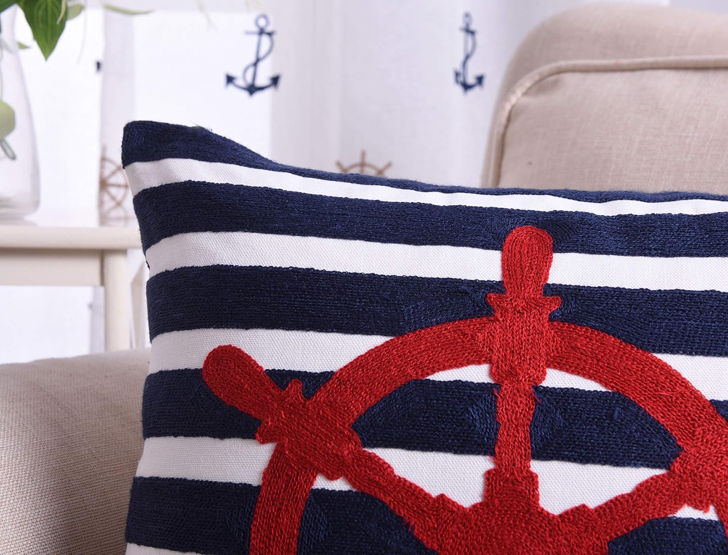 Taisier Home Rudder Pillow Cover Cushion Case 2 Pack Nautical Throw Pillows Home Decorative Anchor Helm Navy Throw Pillowcases 18"x18" Square for Sofa Couch Chair Home Décor Navy Blue/Red/White