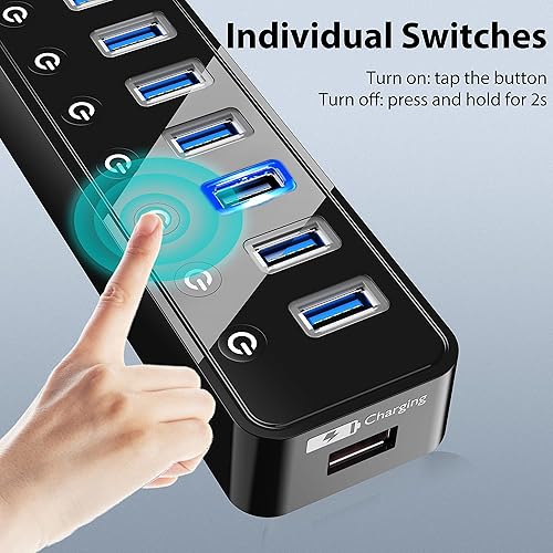Miniatura 2 de Hub USB 3.0, divisor de concentrador de datos USB de 7 puertos con un puerto de carga inteligente y adaptador alimentado de 5V4A e interruptores de