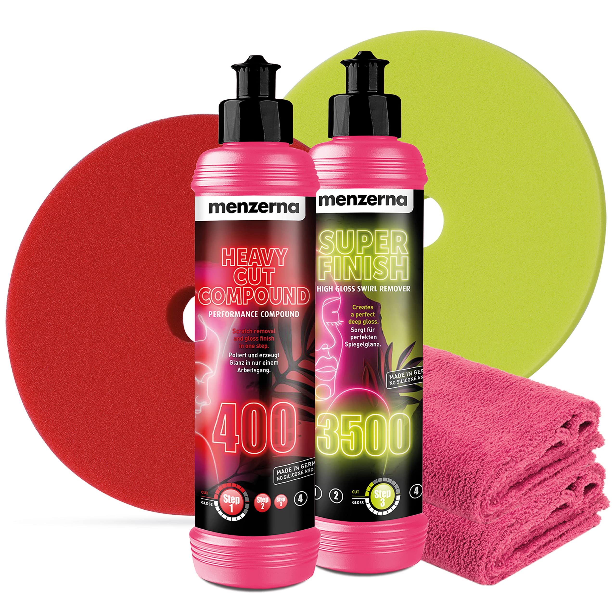 Auto Politur Bundle Cut&Finish Deluxe | Menzerna Lady Line - Heavy Cut Compound 400 250ml + Super Finish 3500 250ml + 2x menzerna Polierpad 150mm + 2x detailmate Tuch | Lady Edition Set